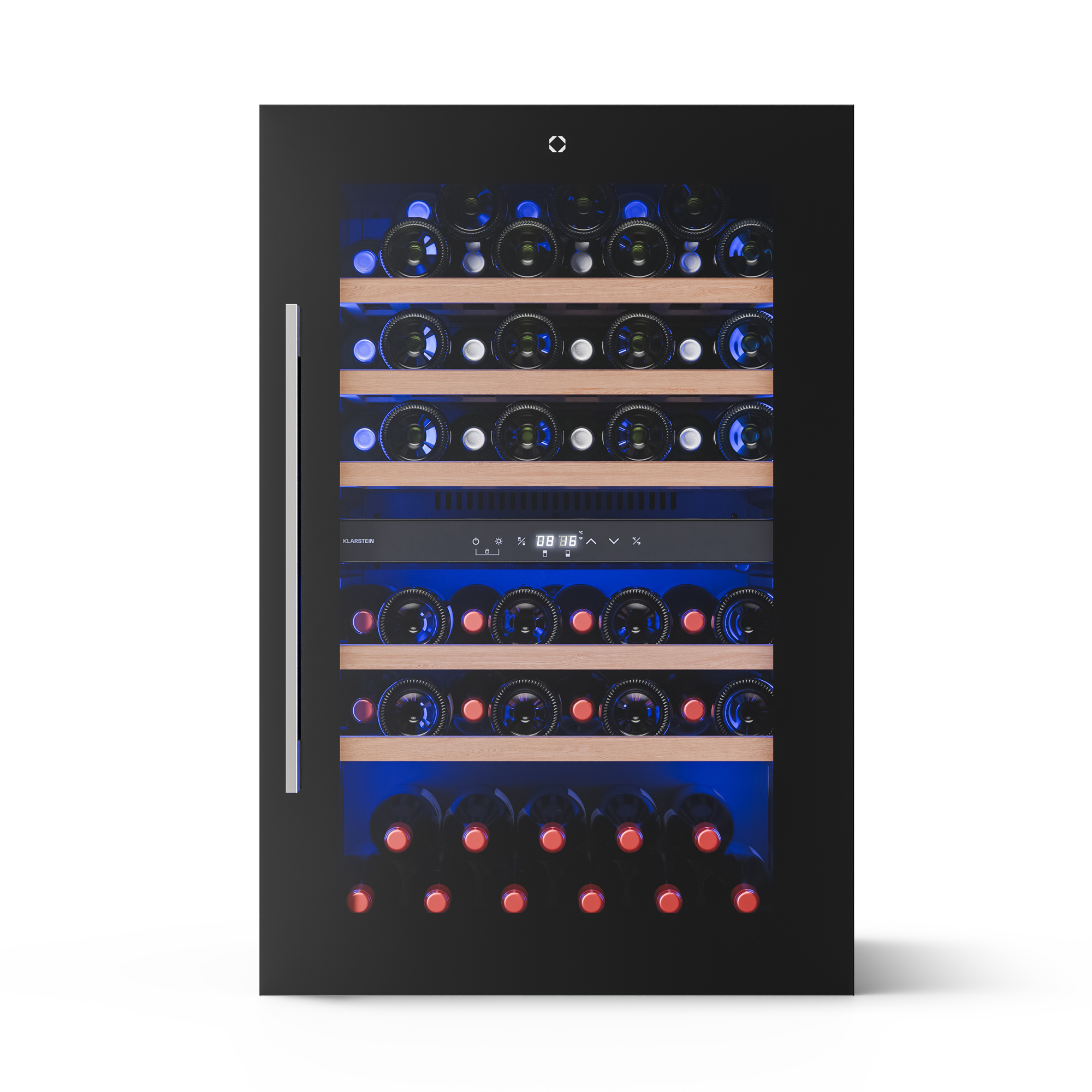 Un refrigeratore per vino nero con bottiglie. Ripiani in legno contengono bottiglie. Luci blu illuminano l'interno. Display digitale visibile.