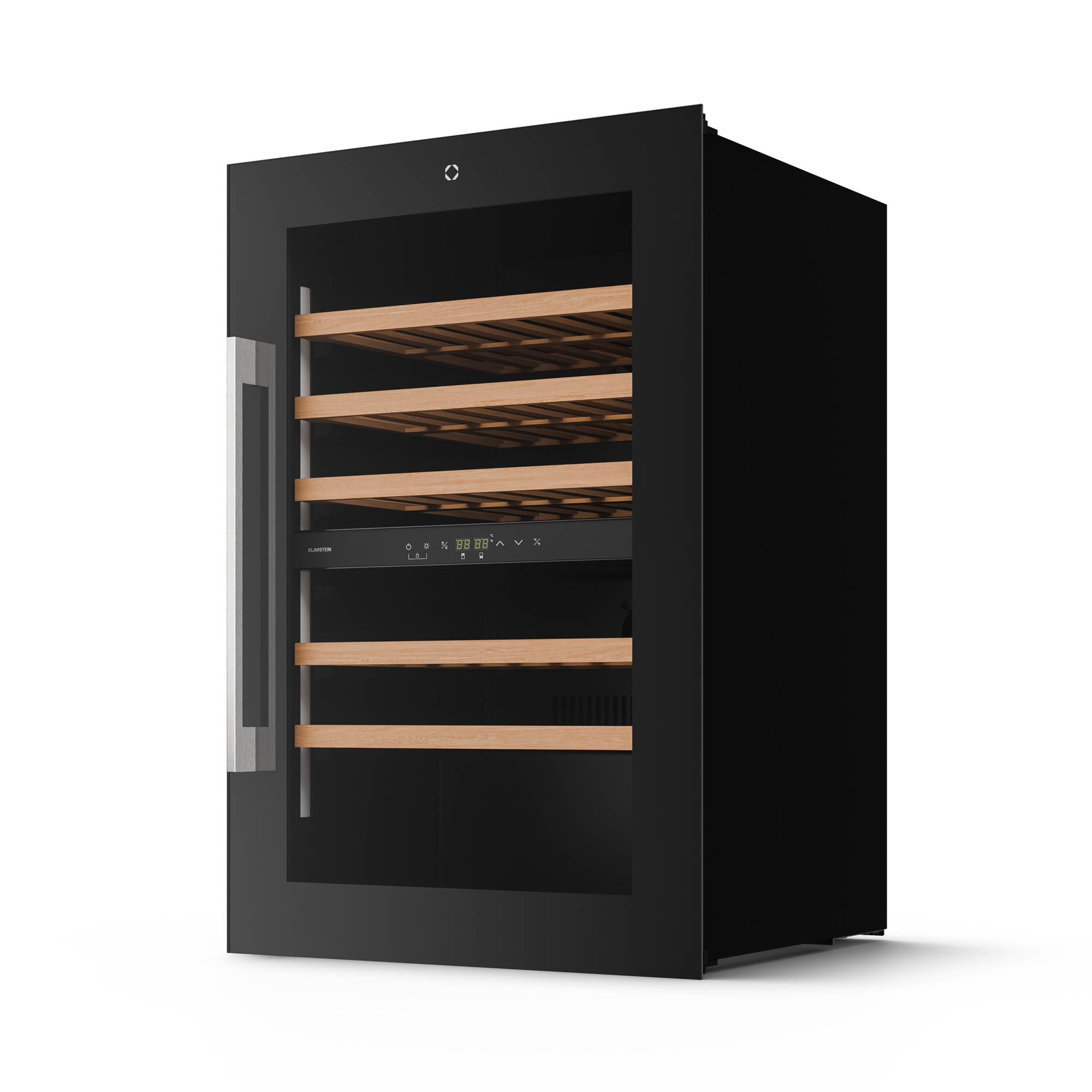Un frigo per vino nero con ripiani in legno. La porta ha una maniglia e un frontale in vetro. Il marchio 'Klarstein' è visibile.
