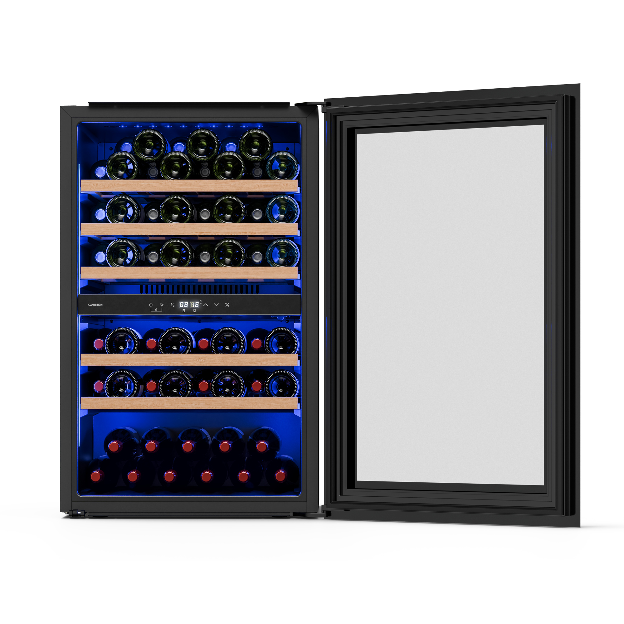 Una cantinetta con la porta aperta, che mostra bottiglie di vino su ripiani in legno con illuminazione interna blu.
