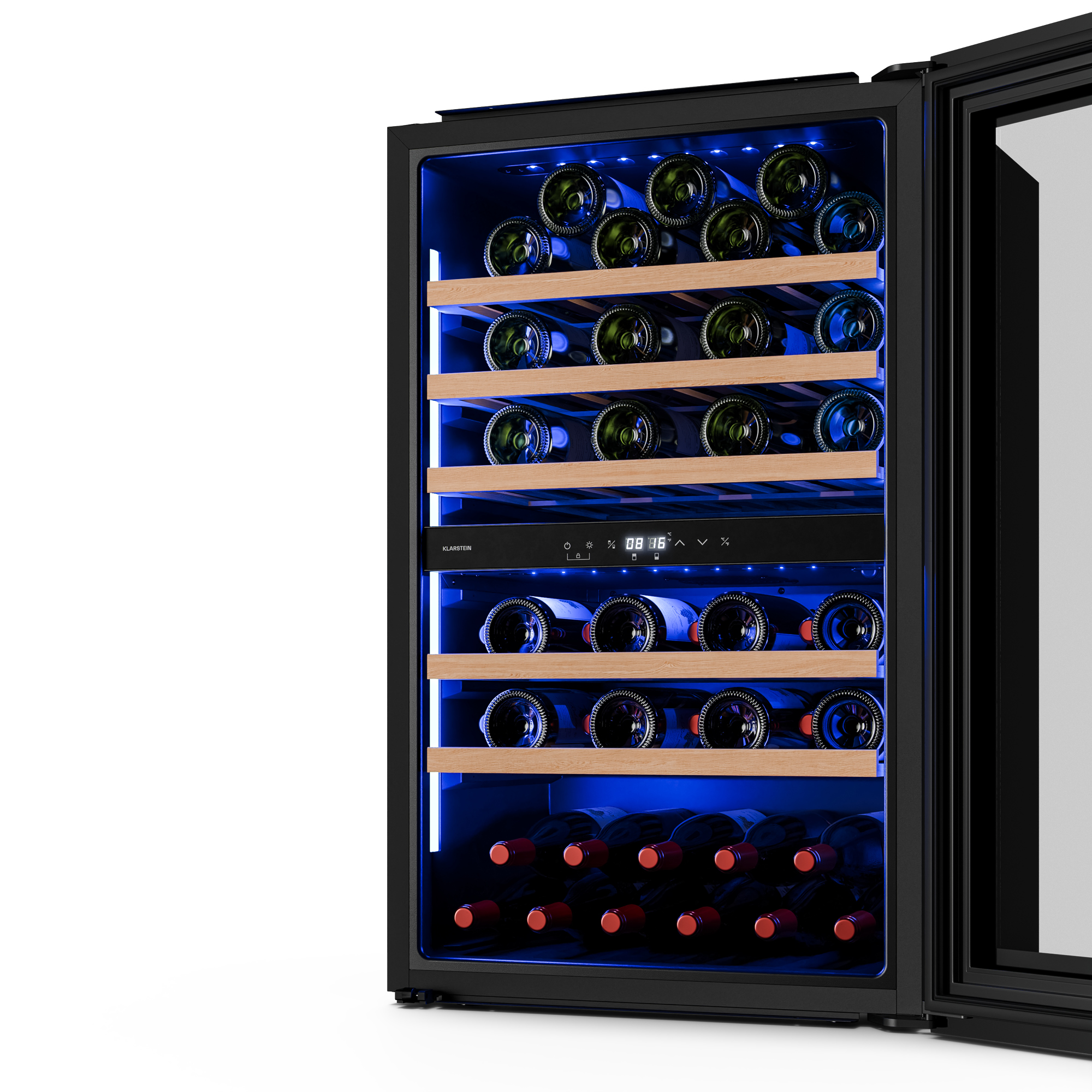 Un refrigeratore per vino con più ripiani che contengono bottiglie di vino. L'interno è illuminato con luce blu, con esterno nero.