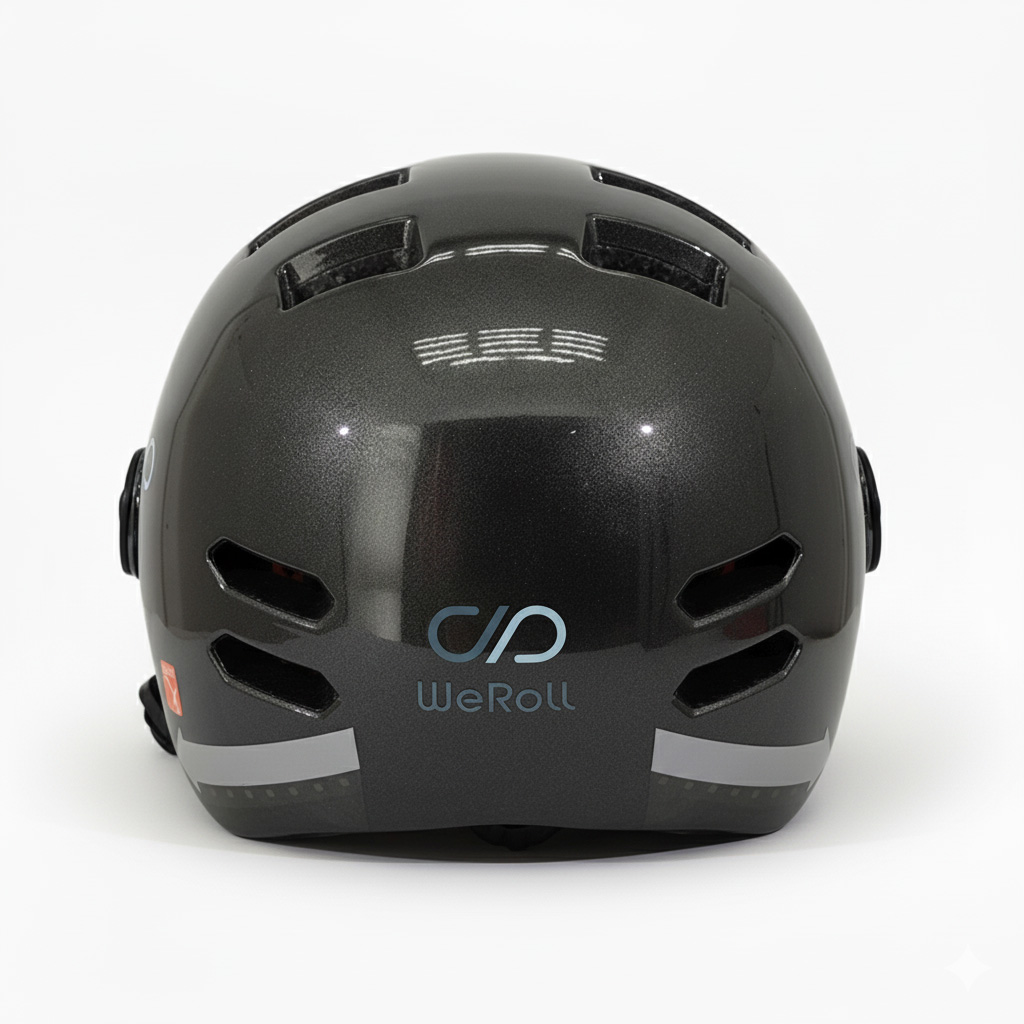 Ein dunkelgrauer WeRoll-Helm. Er hat Belüftungsöffnungen, reflektierende Streifen und das WeRoll-Logo. Der Hintergrund ist weiß.