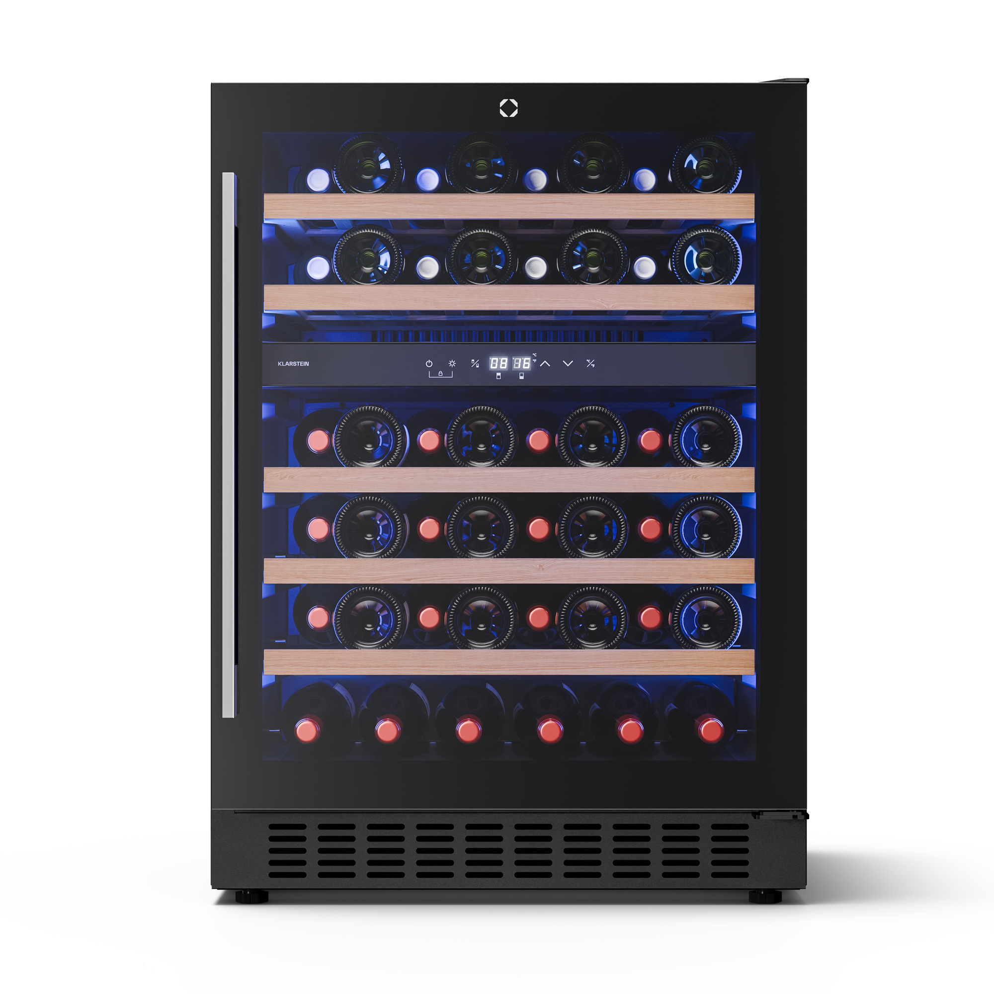 Un refrigeratore per vino nero con bottiglie all'interno. Ha ripiani in legno e un display digitale.