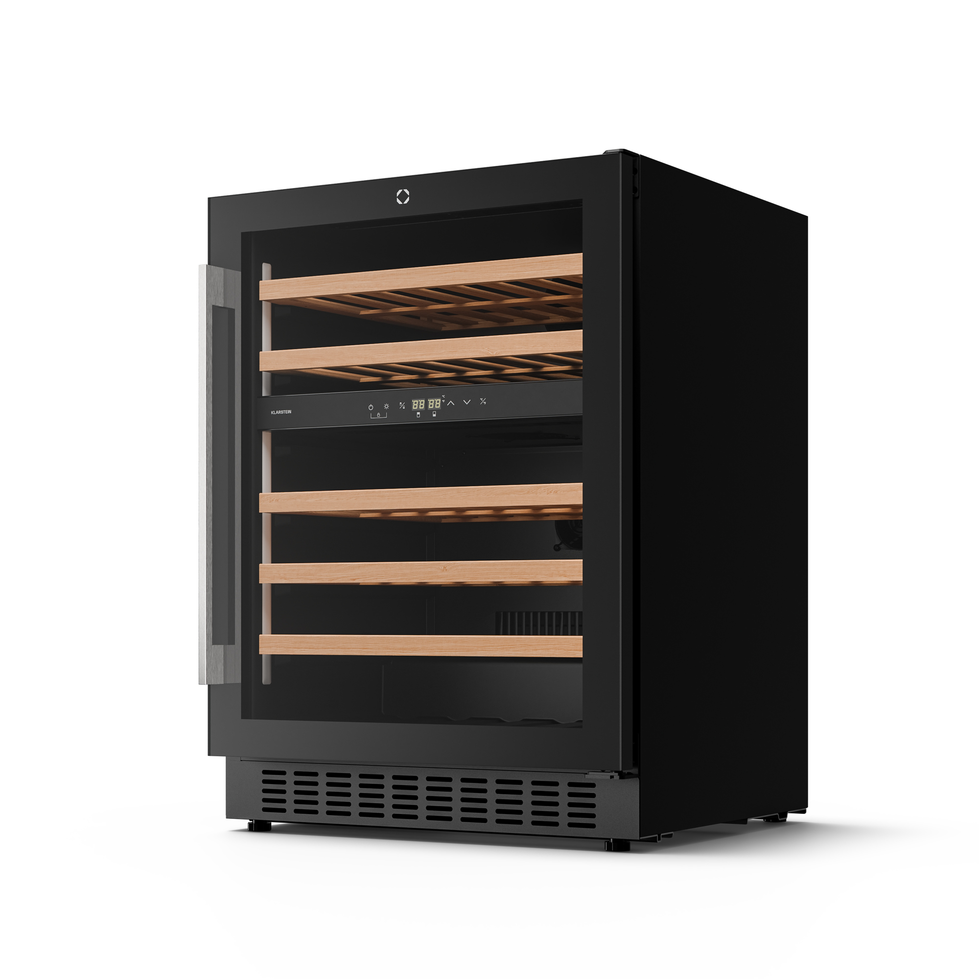 Un refrigeratore per vino nero con porta a vetro. All'interno ci sono ripiani in legno. Il refrigeratore poggia su una superficie bianca.