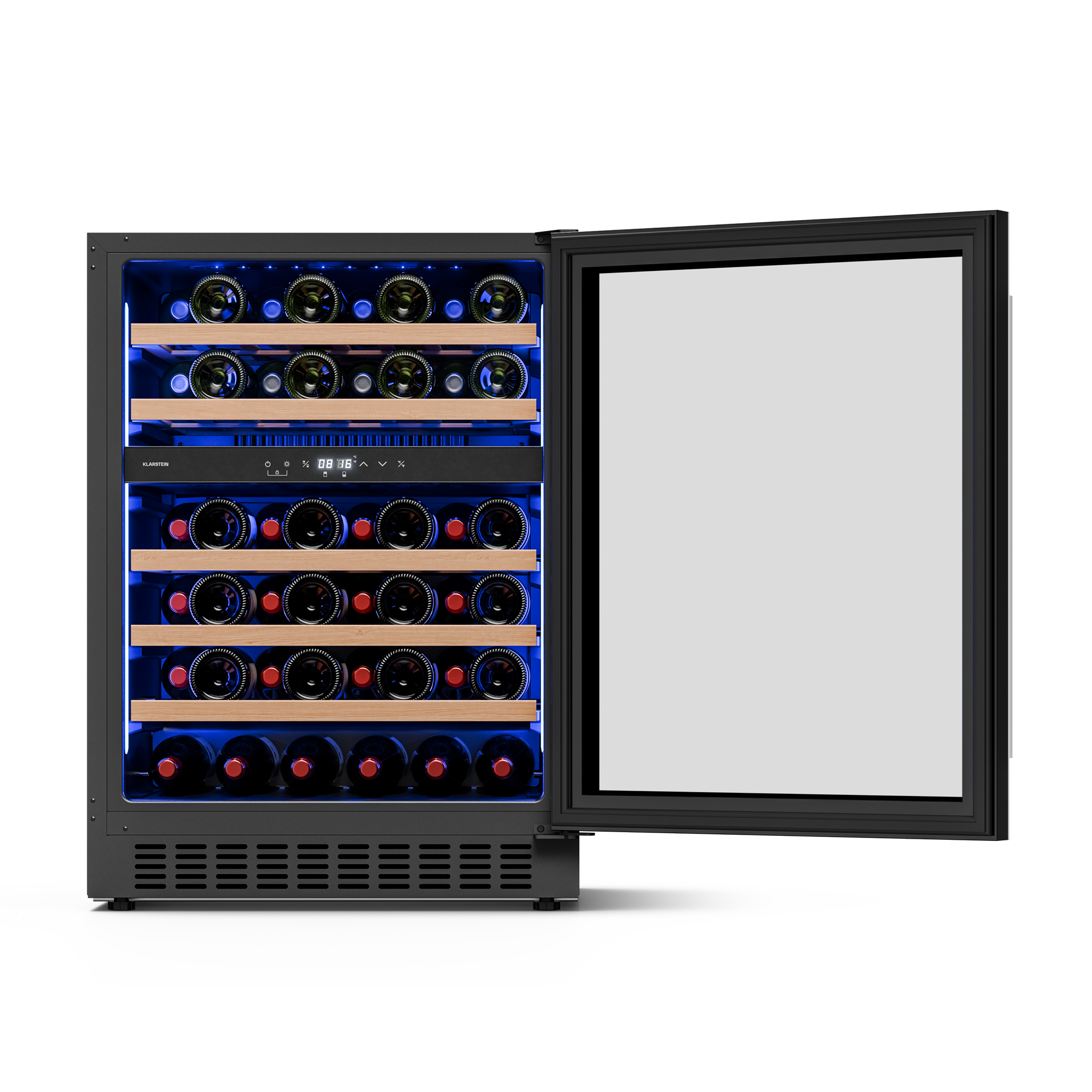 Cantinetta con porta aperta, piena di bottiglie su ripiani in legno. Illuminazione a LED blu. Cornice nera con porta in vetro.