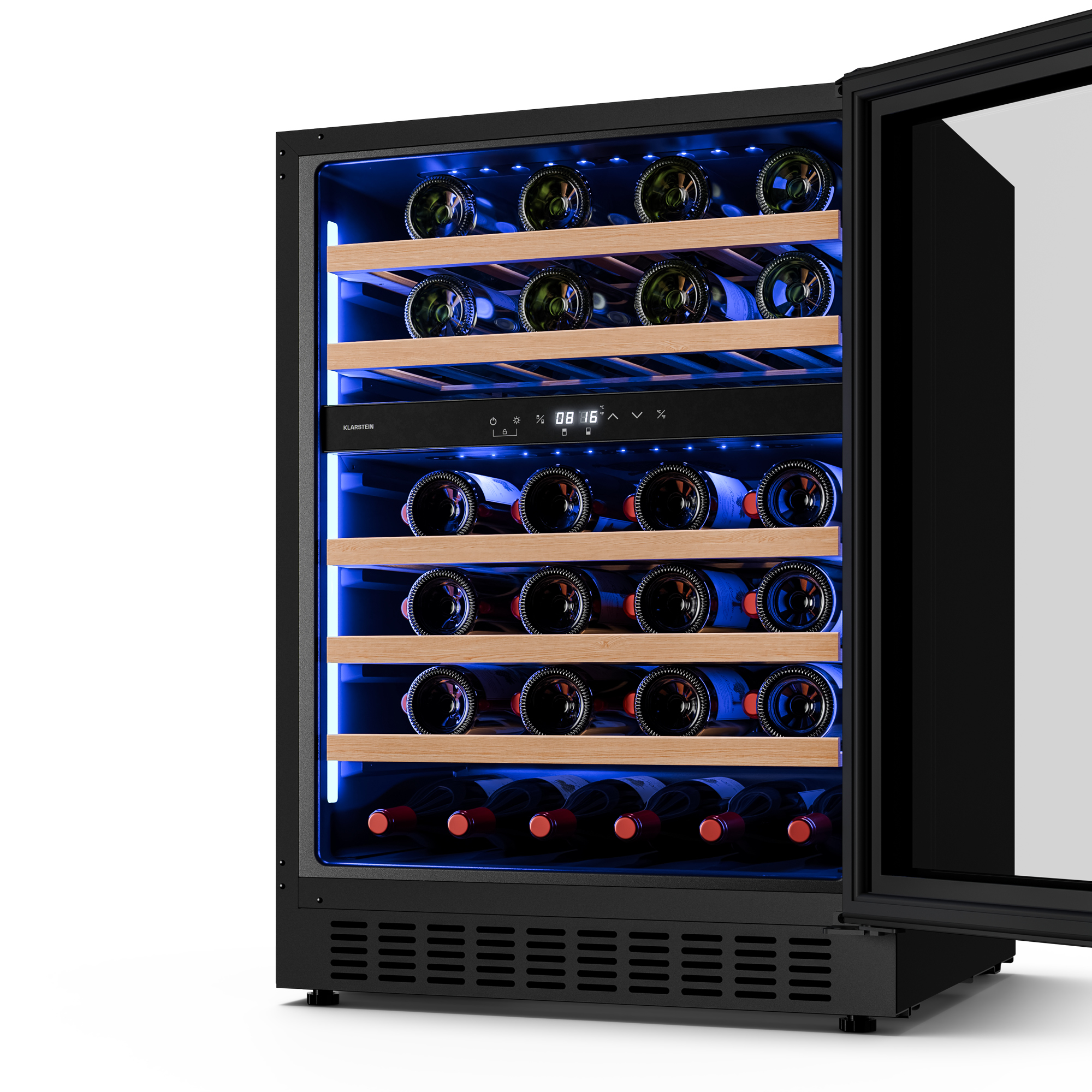Una cantinetta con porta aperta, piena di bottiglie di vino. Luce interna blu. Esterno nero.