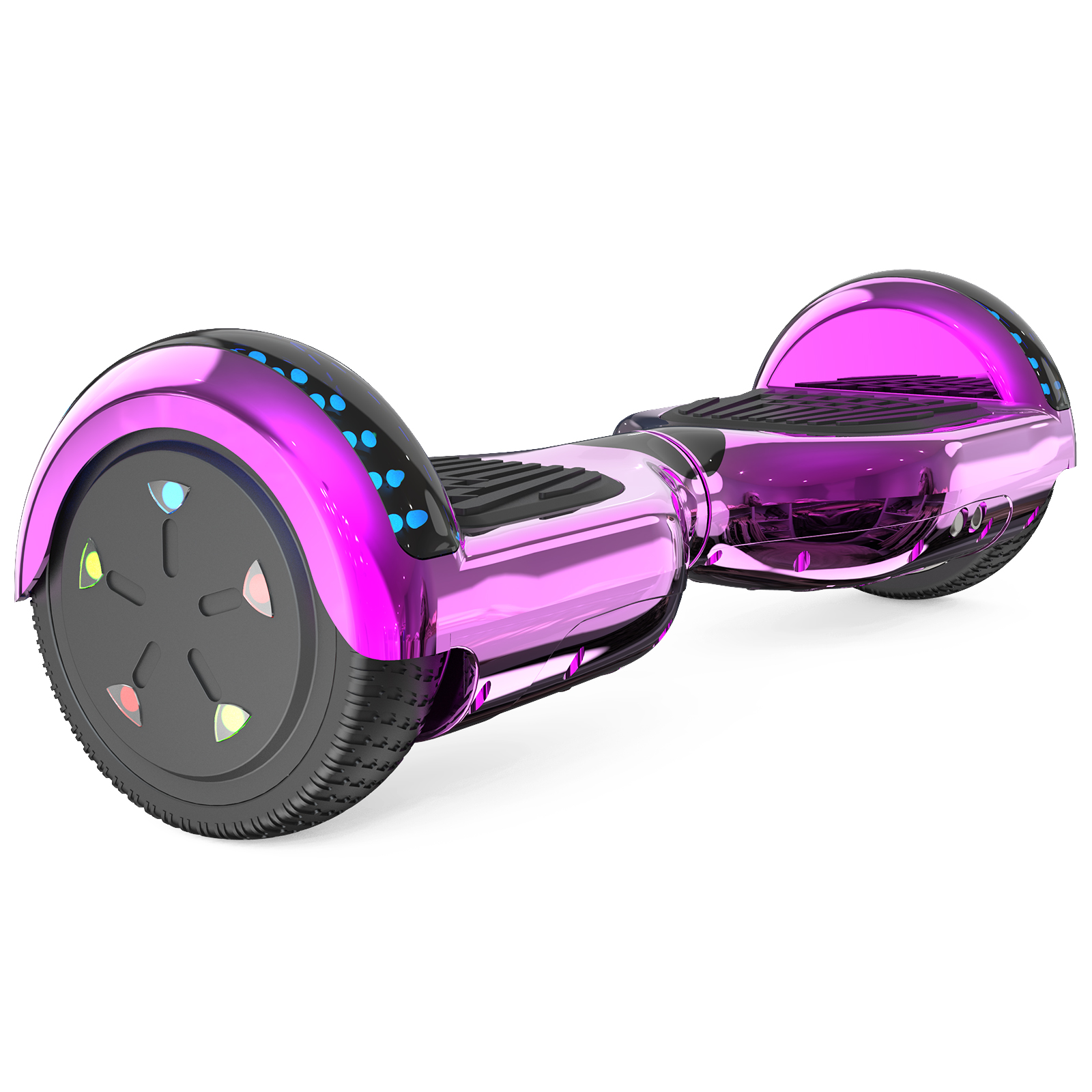 Ein glänzendes, lila Hoverboard mit schwarzen Details auf weißem Hintergrund. Es hat Lichter an Rädern und Seiten.