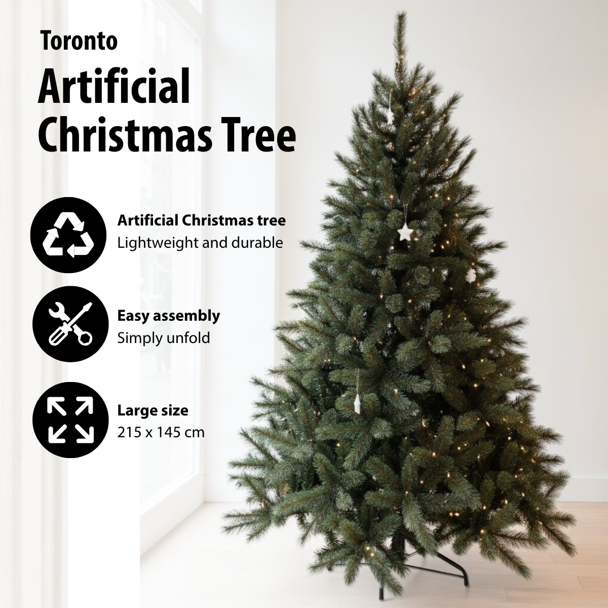 An artificial Christmas tree. It's green with lights and star ornaments. The text says 'Toronto Artificial Christmas Tree'.