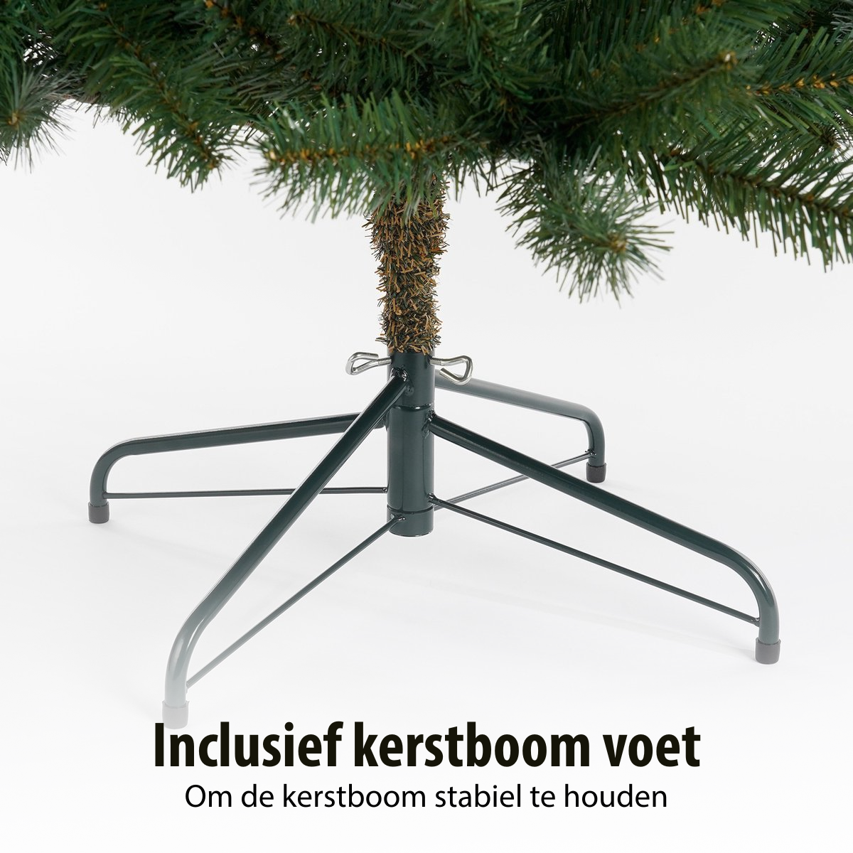 A green Christmas tree with a metal stand. The stand is dark green and has four legs. The tree is on a white background.