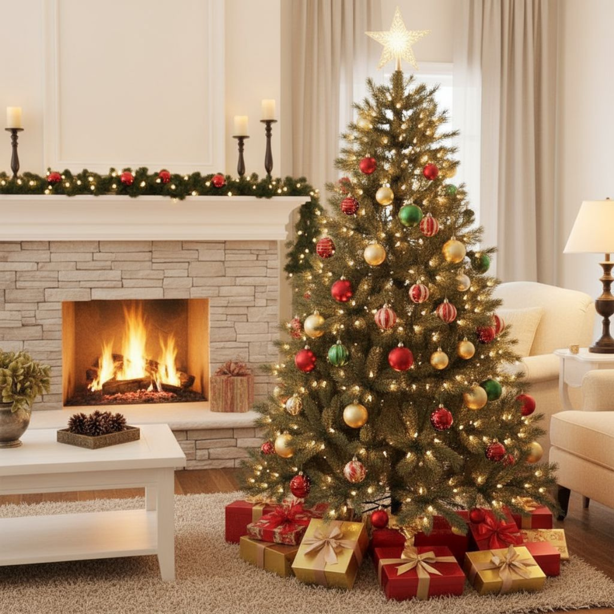 A decorated Christmas tree with ornaments, lights, and a star. Presents are under the tree. A fireplace and candles are in the background.