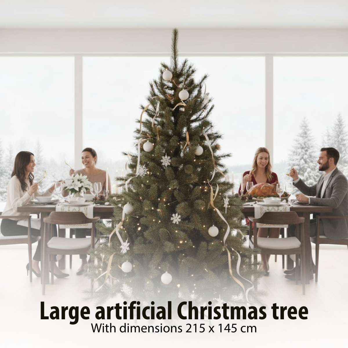 A decorated Christmas tree stands before a dining table. People are seated around the table, enjoying a meal.