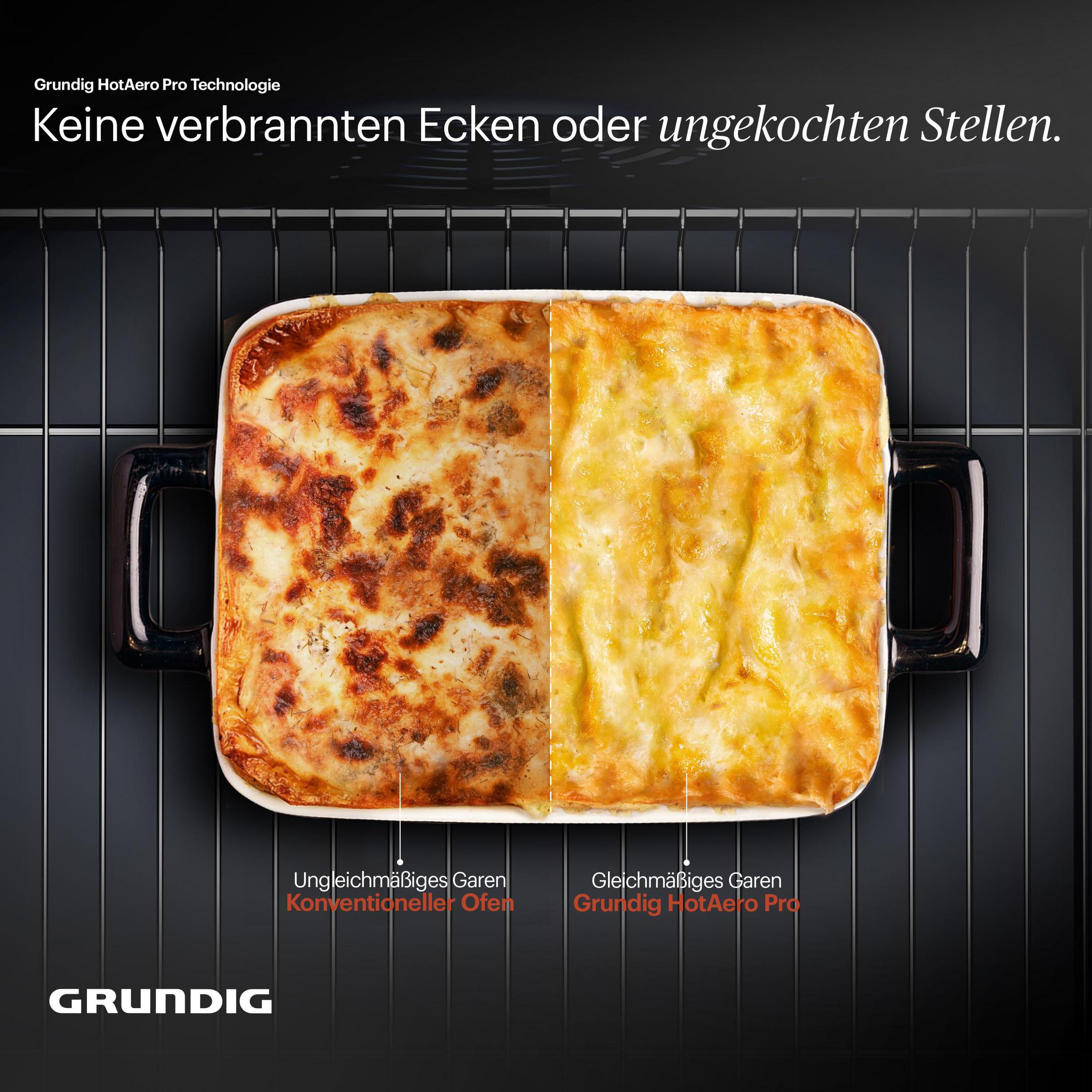 Ofenlasagne in einer weißen Schale, geteilt, um ungleichmäßiges Kochen vs. gleichmäßiges Kochen zu zeigen. Schwarzer Ofenrost im Hintergrund.