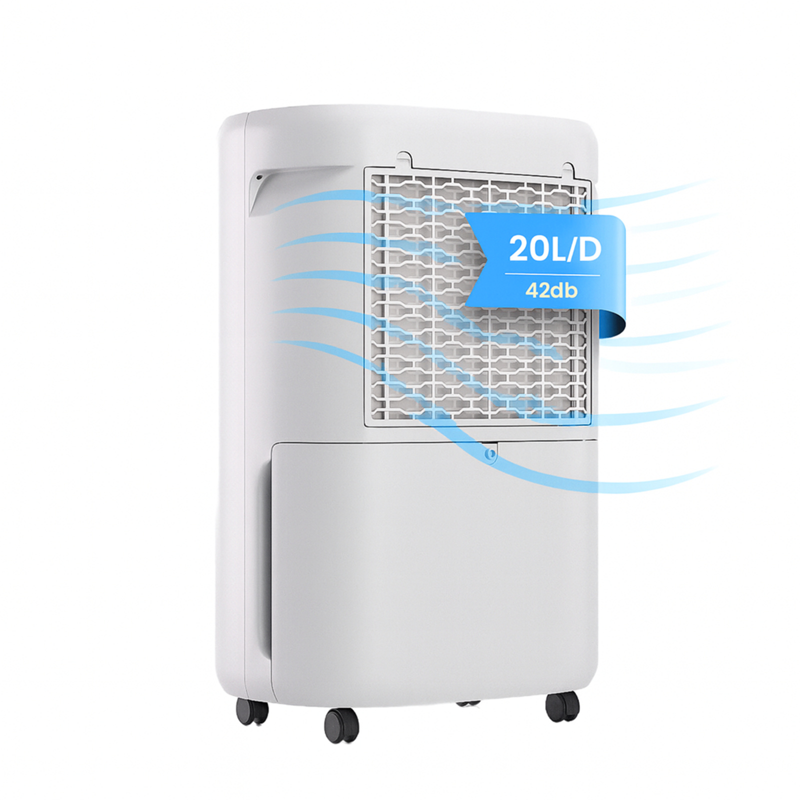 Weißer Luftkühler mit blauen Luftstromlinien. Er hat ein blaues Etikett mit der Aufschrift '20L/D 42db'.