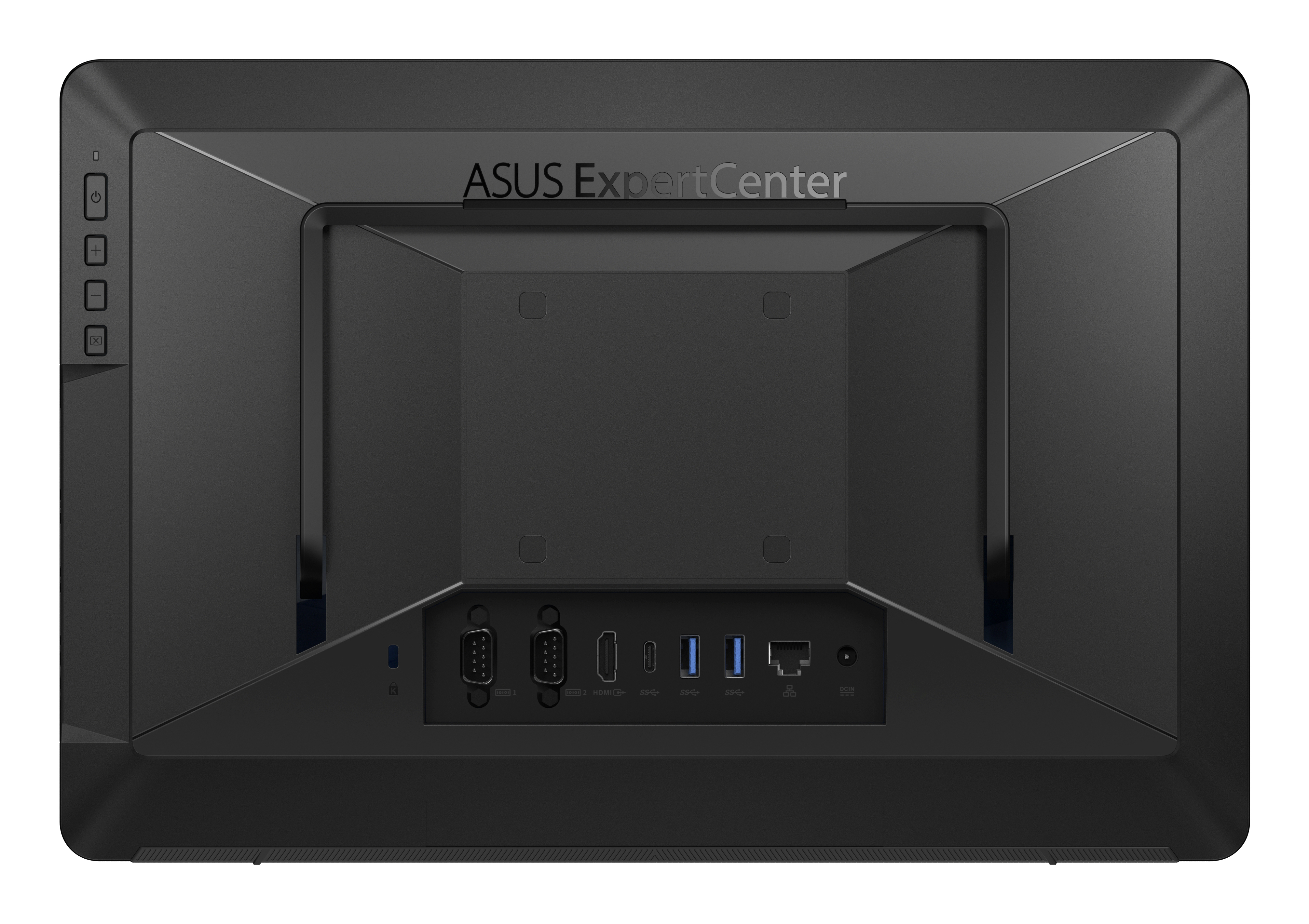 Siyah bir ASUS ExpertCenter monitörün arka görünümü. Bağlantı noktaları: VGA, HDMI, USB ve Ethernet. Yan tarafta güç düğmesi ve ses kontrolü.