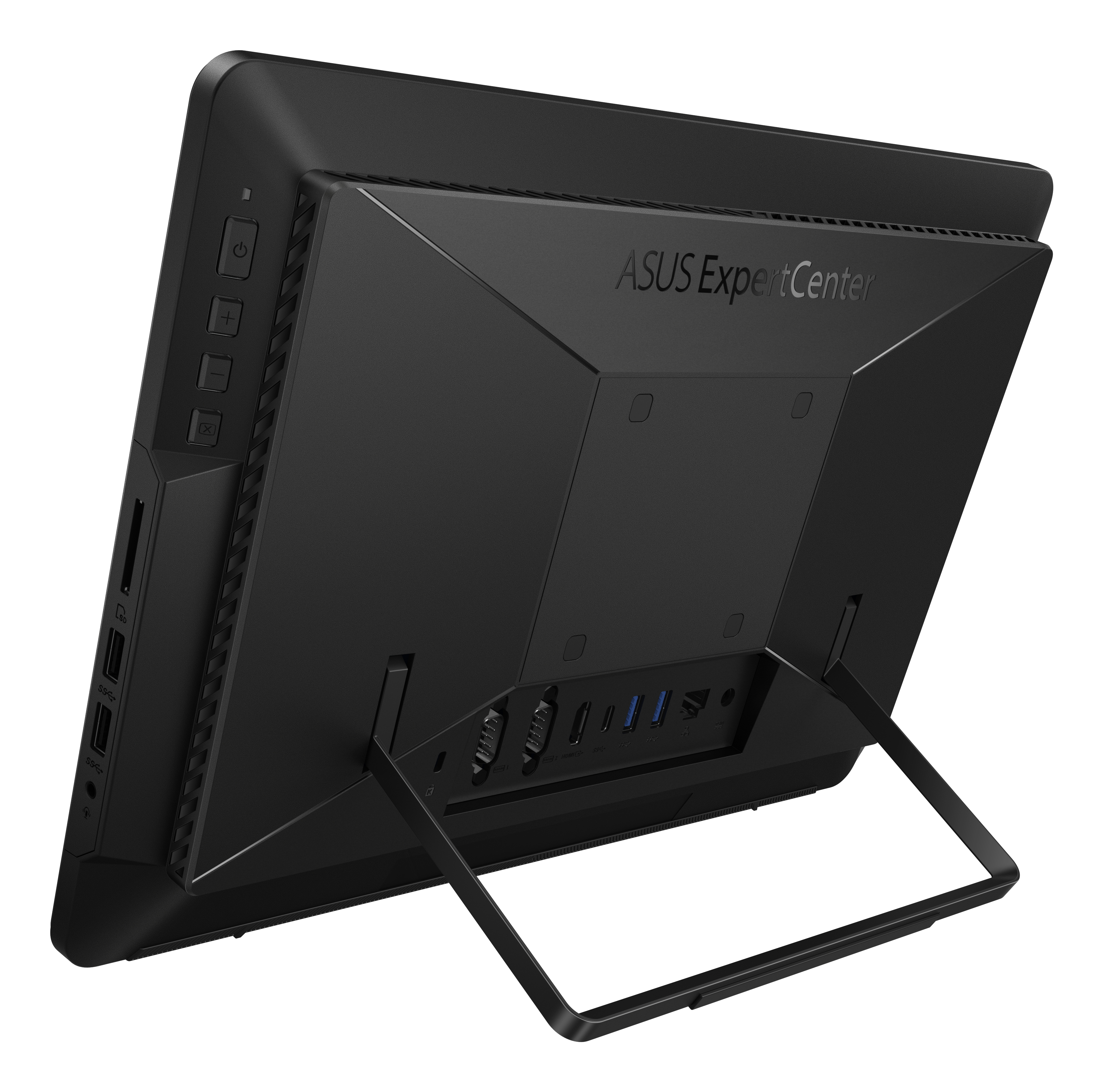 Siyah ASUS ExpertCenter hepsi bir arada bilgisayar. Ekran arkaya doğru eğik. Güç ve ses düğmeleri görünüyor.