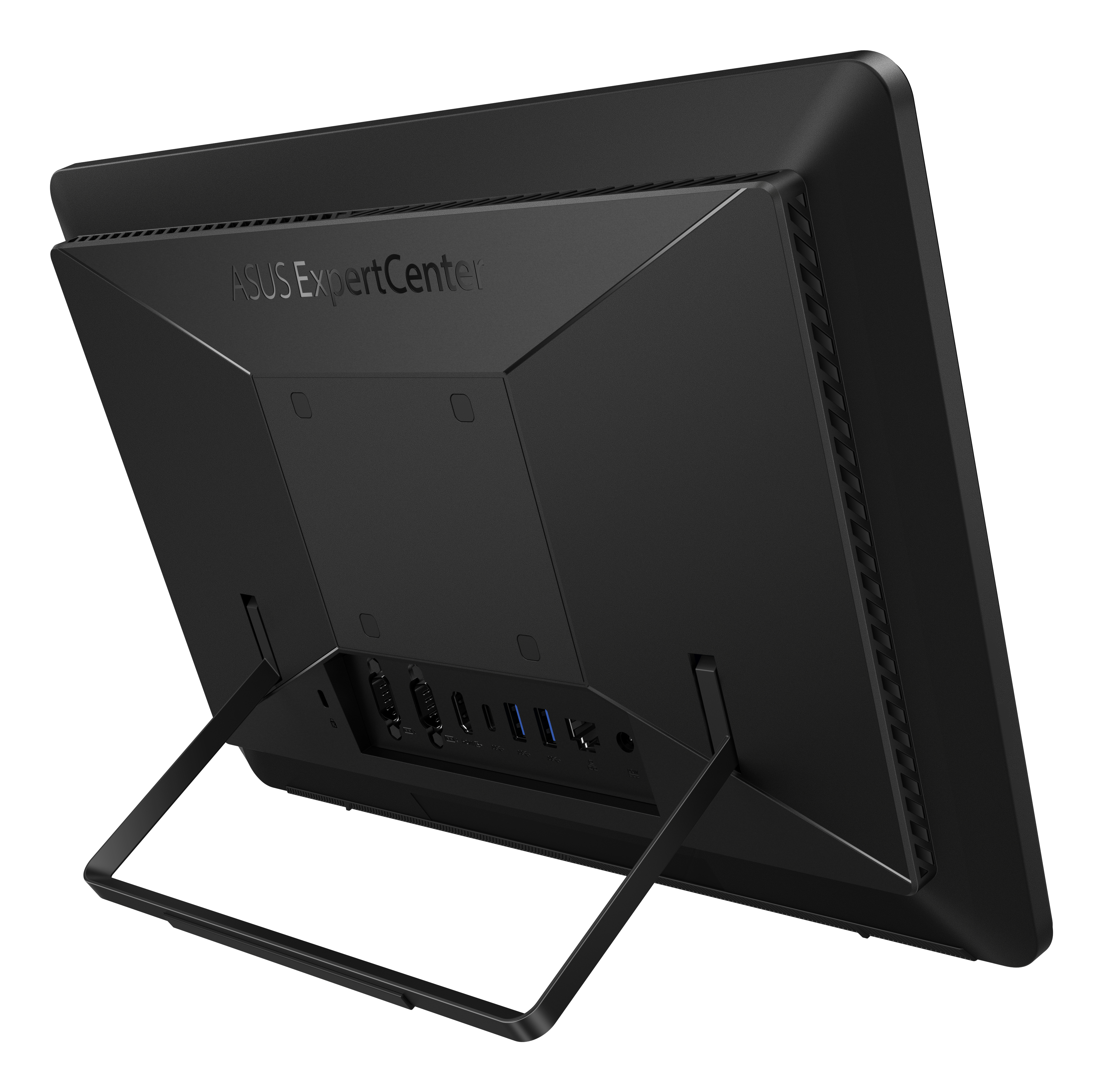 Siyah bir ASUS ExpertCenter all-in-one bilgisayarın arkadan görünümü, standlı. Bağlantı noktalarını ve markayı gösteriyor.