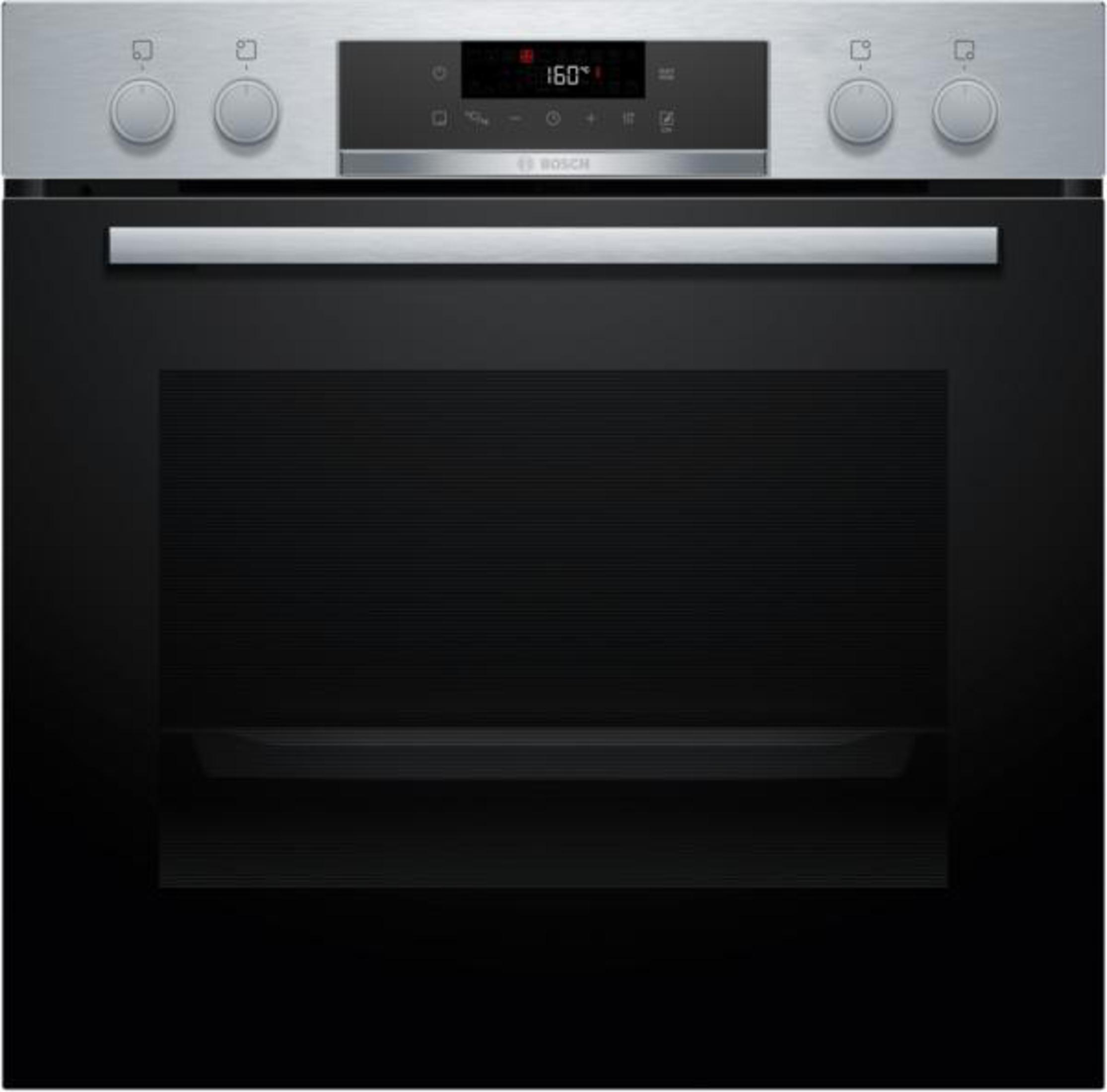 Ein Edelstahl-Backofen mit schwarzer Tür. Er hat Knöpfe, eine Anzeige mit 160 Grad und einen Griff.