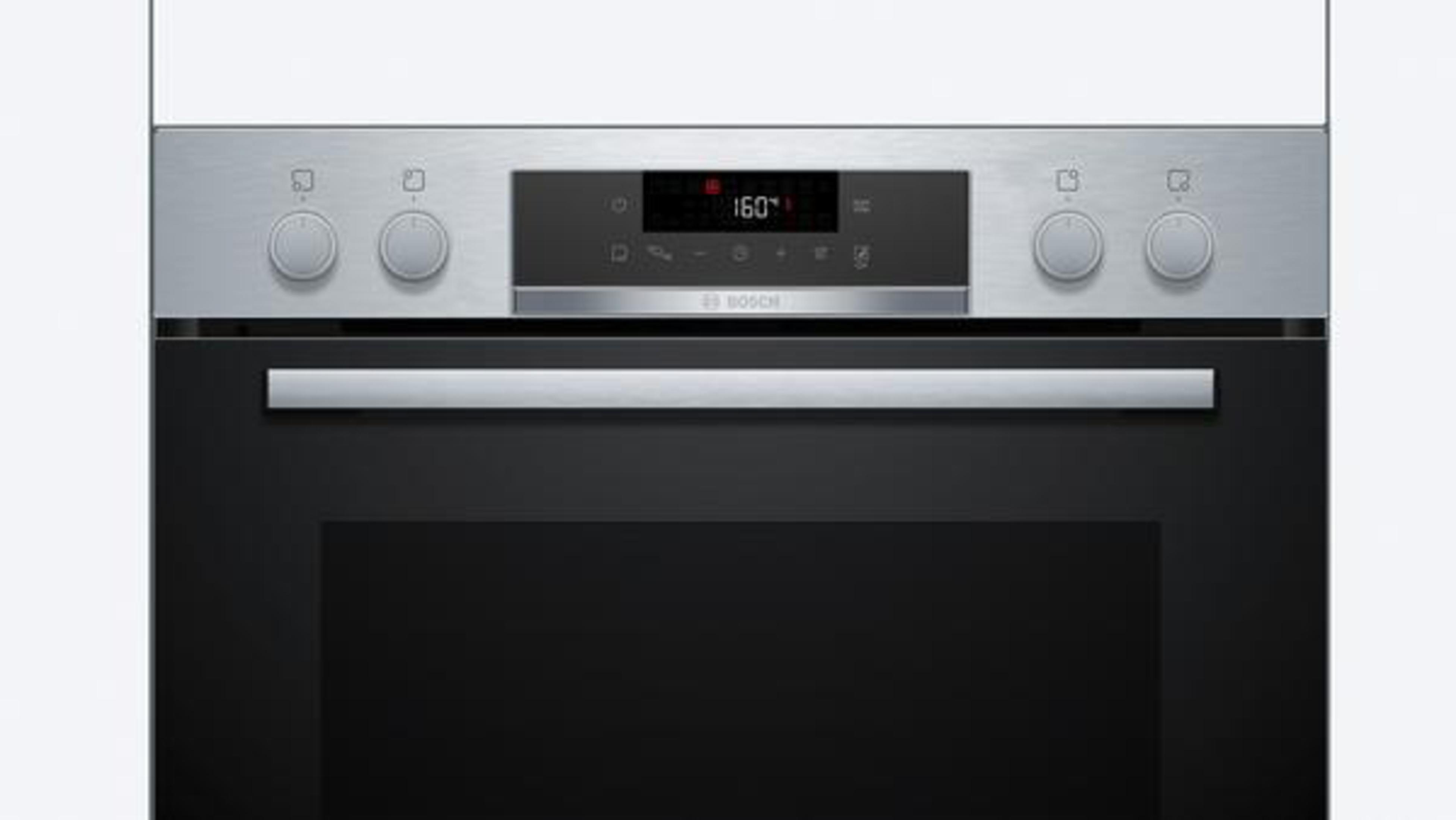 Ein Edelstahl-Backofen mit schwarzer Tür. Er hat eine Digitalanzeige mit 160 Grad. Knöpfe und Tasten sind sichtbar.