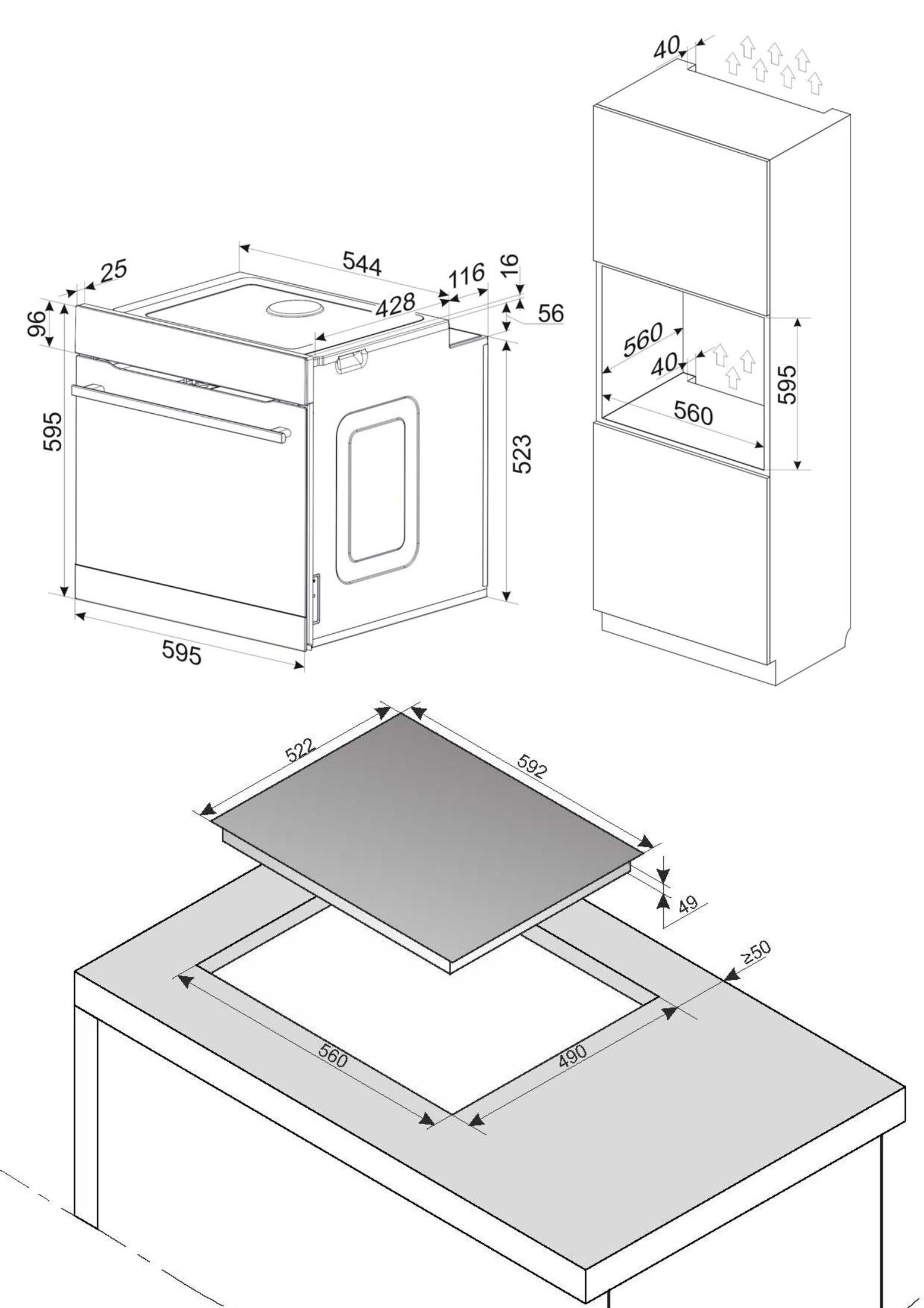 Diagramm von Küchengeräten mit Maßangaben für einen Backofen, ein Kochfeld und einen Schrank. Abmessungen sind mit Pfeilen gekennzeichnet.