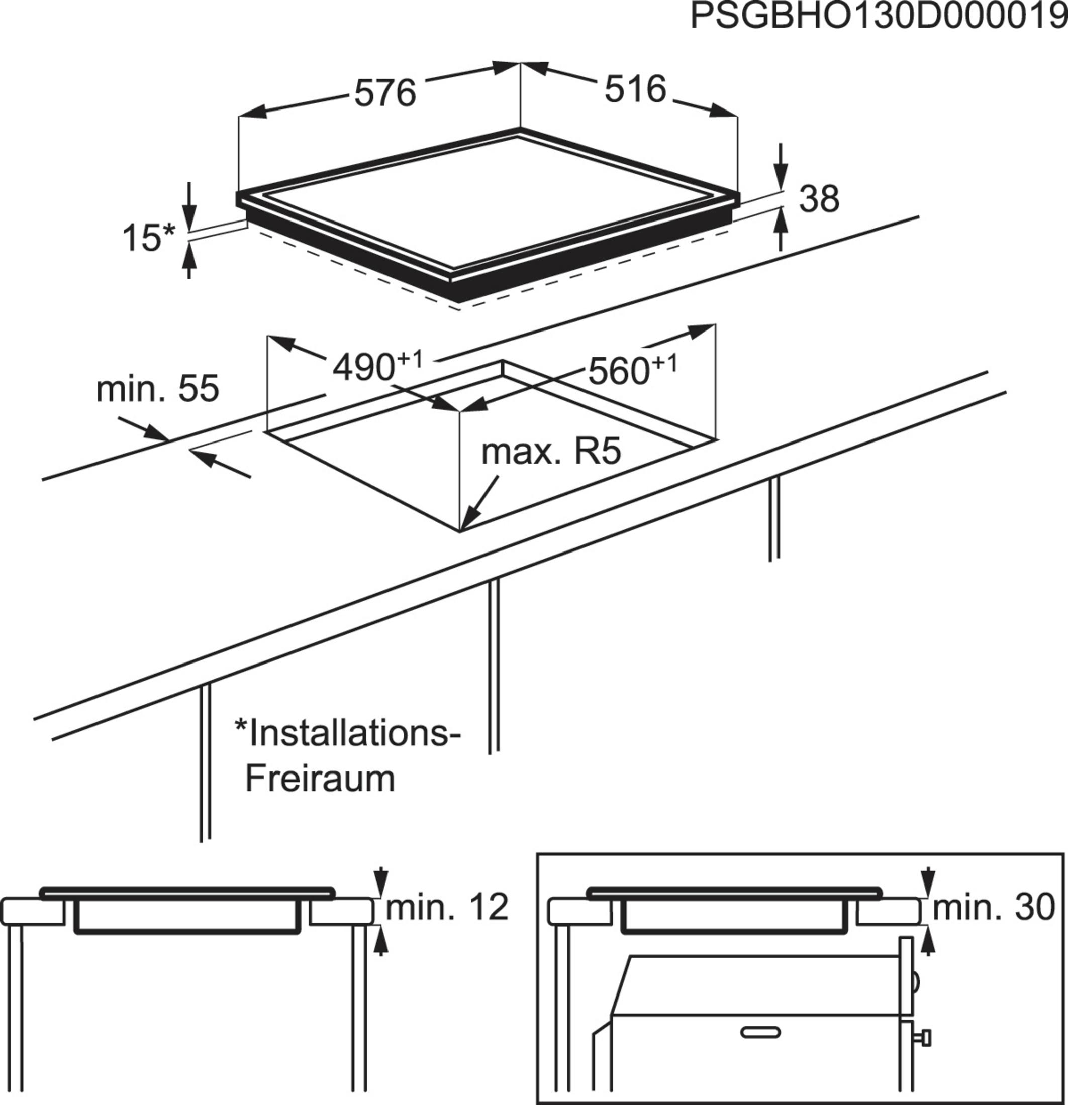 Diagramm eines Kochfelds mit Abmessungen und Installationsanweisungen. Enthält Ober- und Seitenansichten mit Maßen.