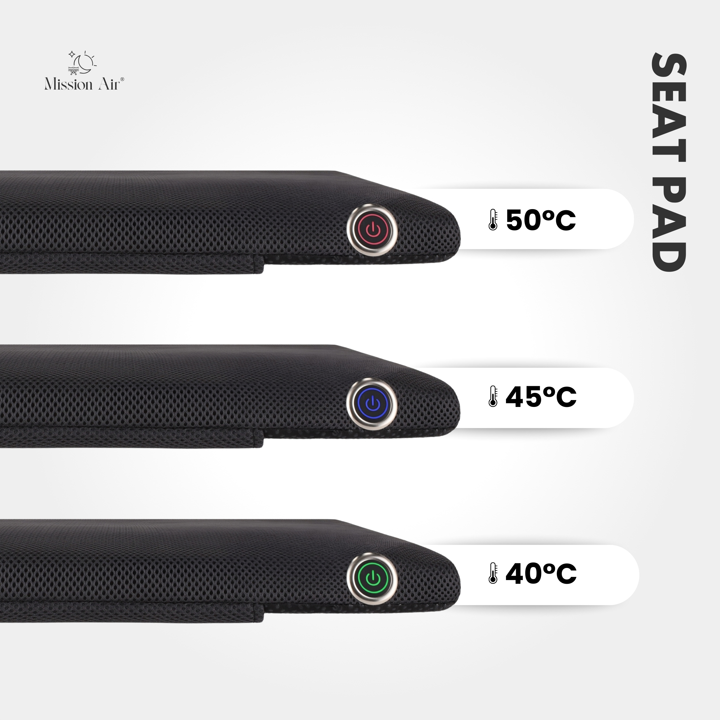 Czarna poduszka siedzenia z przyciskami zasilania. Wyświetlane temperatury: 50°C, 45°C, 40°C. Logo marki u góry po lewej i "SEAT PAD" po prawej.