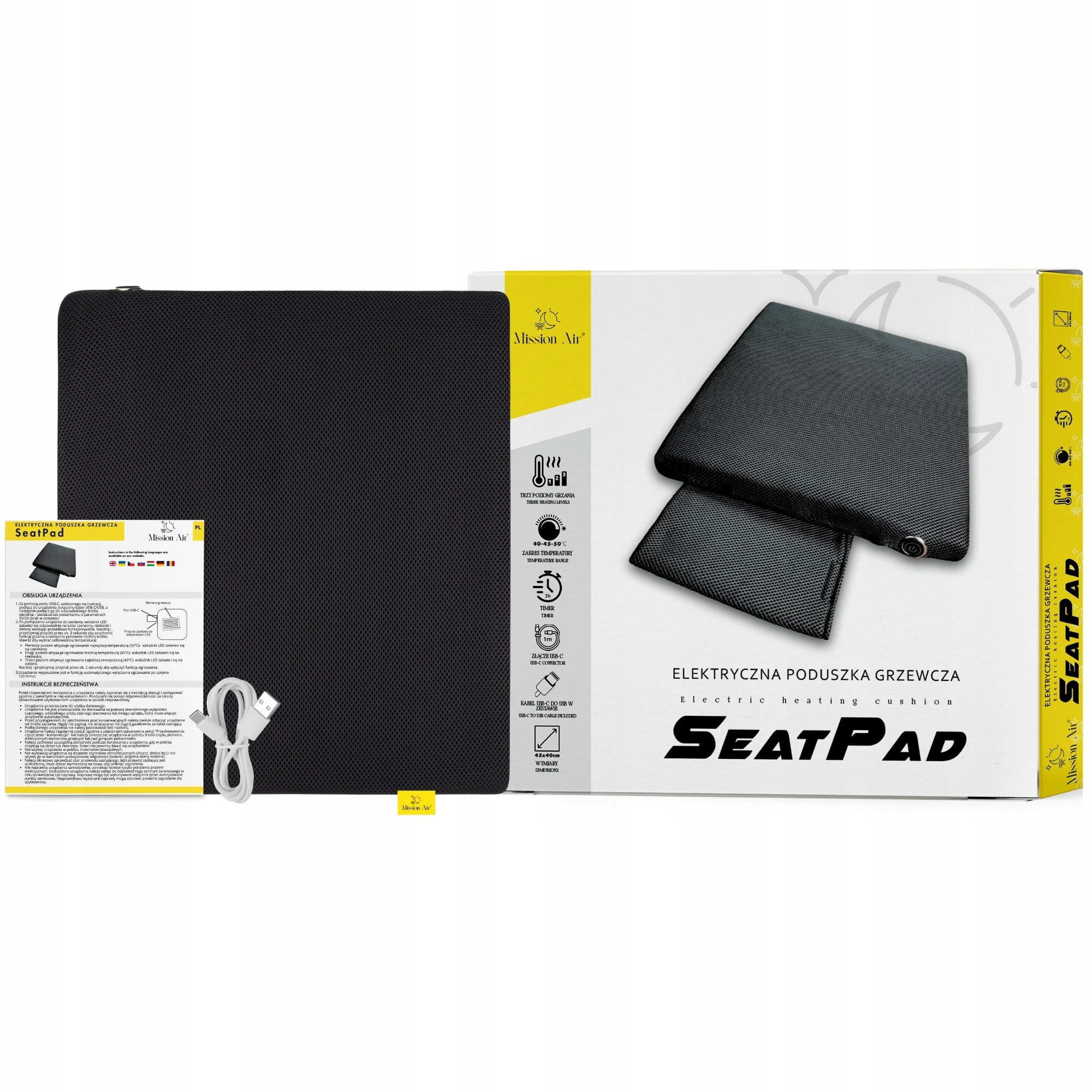 Czarna poduszka grzewcza SeatPad z kablem USB i informacjami o produkcie na białym tle.