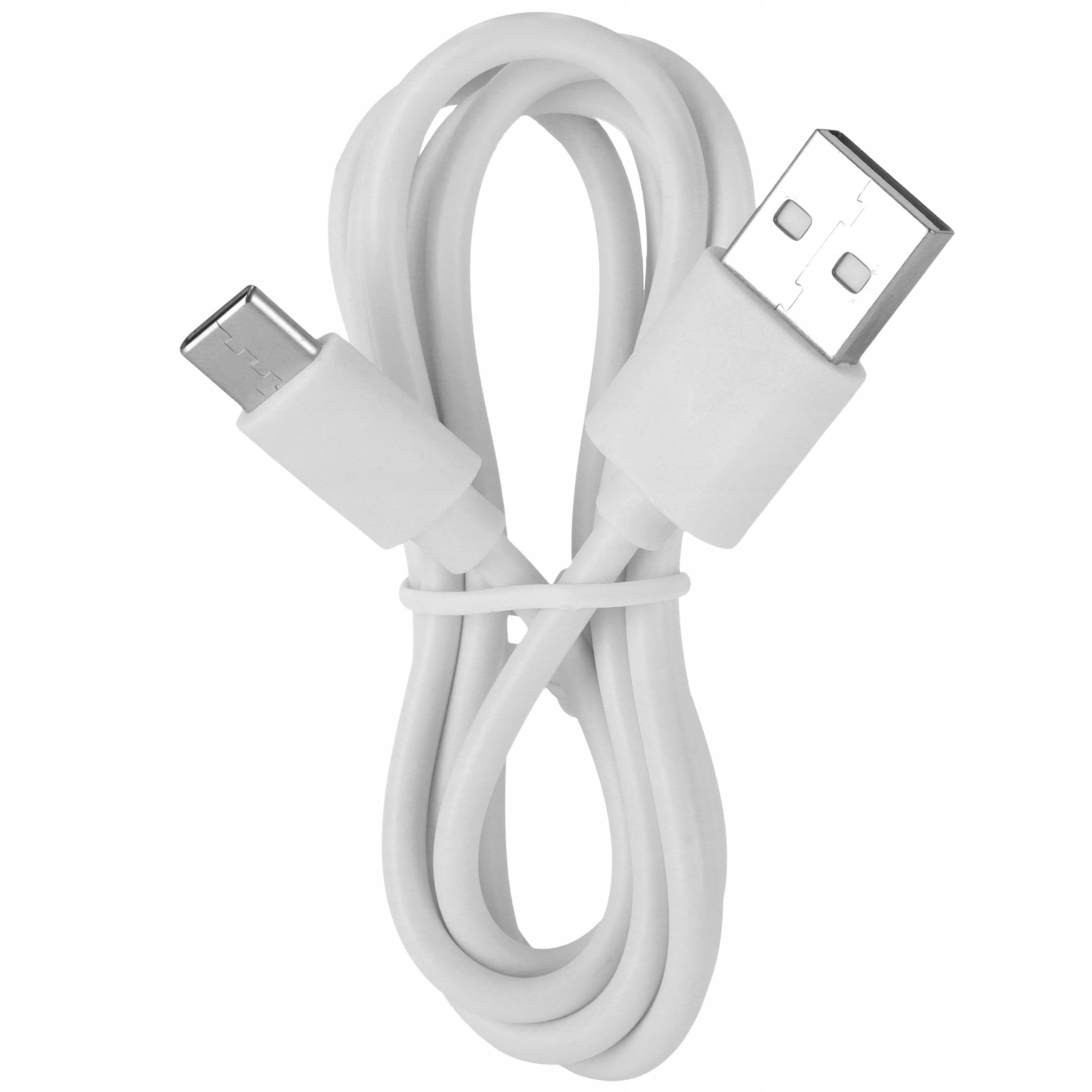 Biały kabel do ładowania USB z wtyczkami USB-A i USB-C. Kabel jest zapętlony i związany.