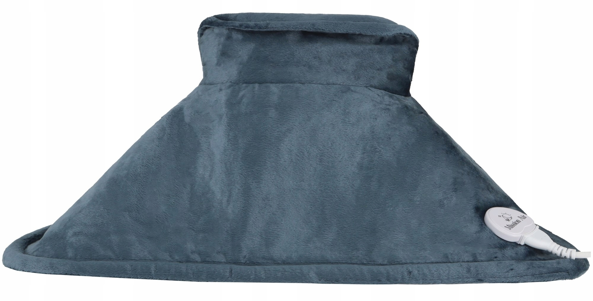 Szara, polarowa poduszka grzewcza w kształcie kaptura. Posiada kontroler z napisem Mission Air.