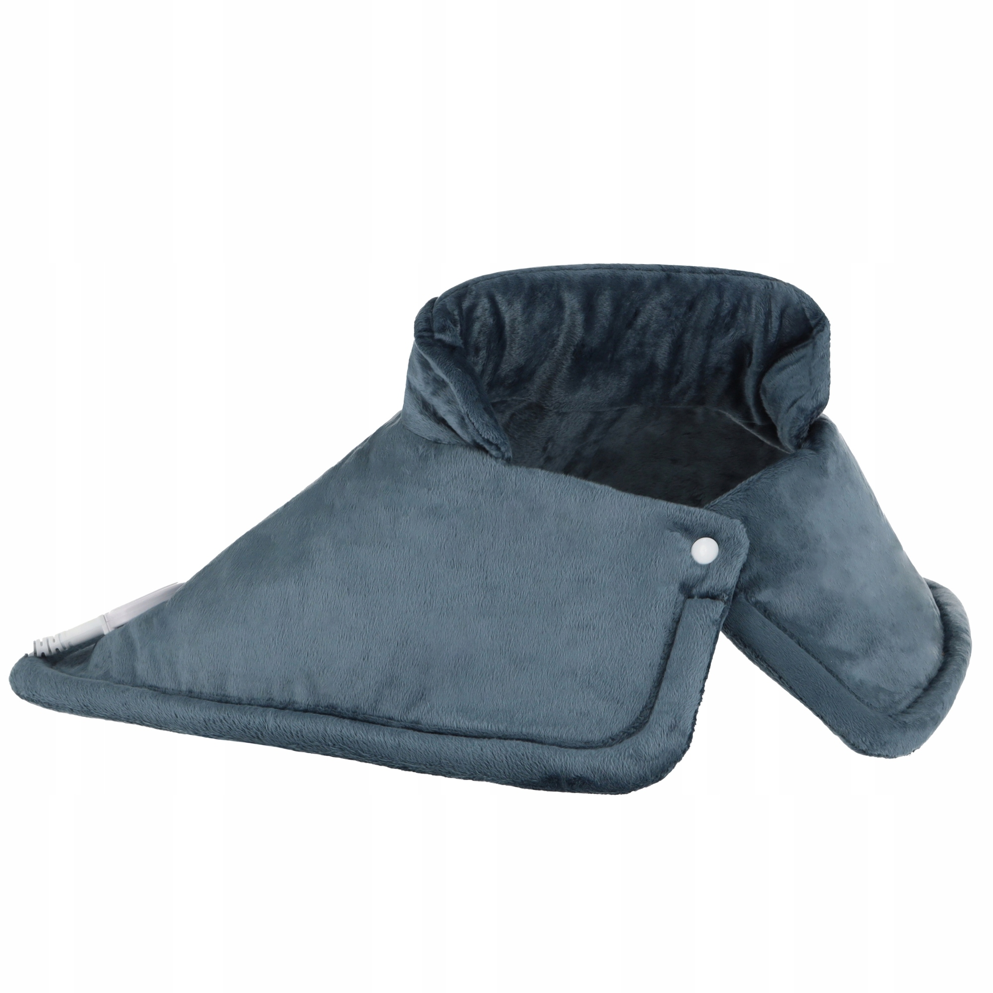Szara, pluszowa poduszka rozgrzewająca, ukształtowana na szyję i ramiona, z białym guzikiem i kablem.