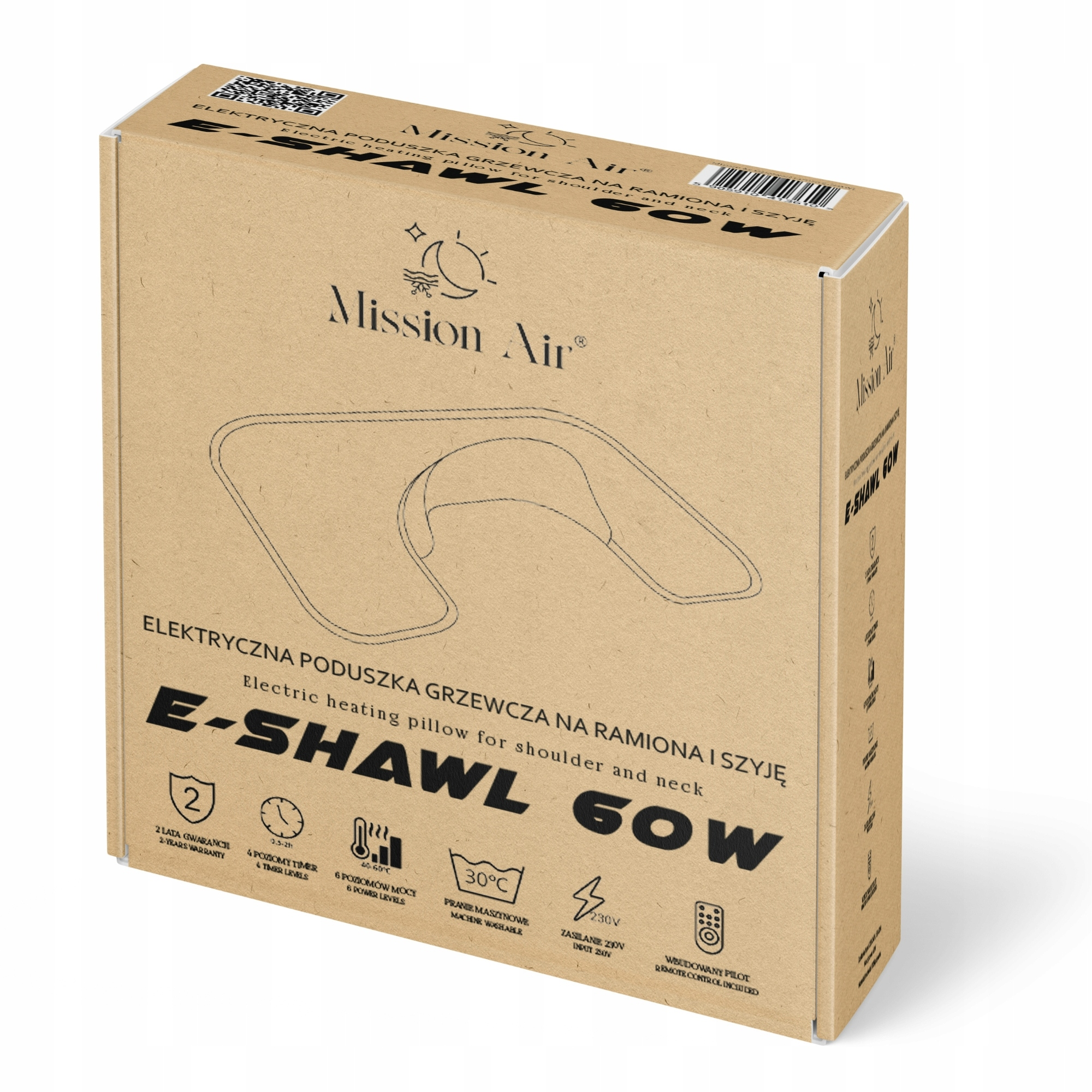 Brązowe pudełko z tekstem i ikonami dla elektrycznej poduszki grzewczej. Marka to Mission Air, a produkt to E-SHAWL 60W.