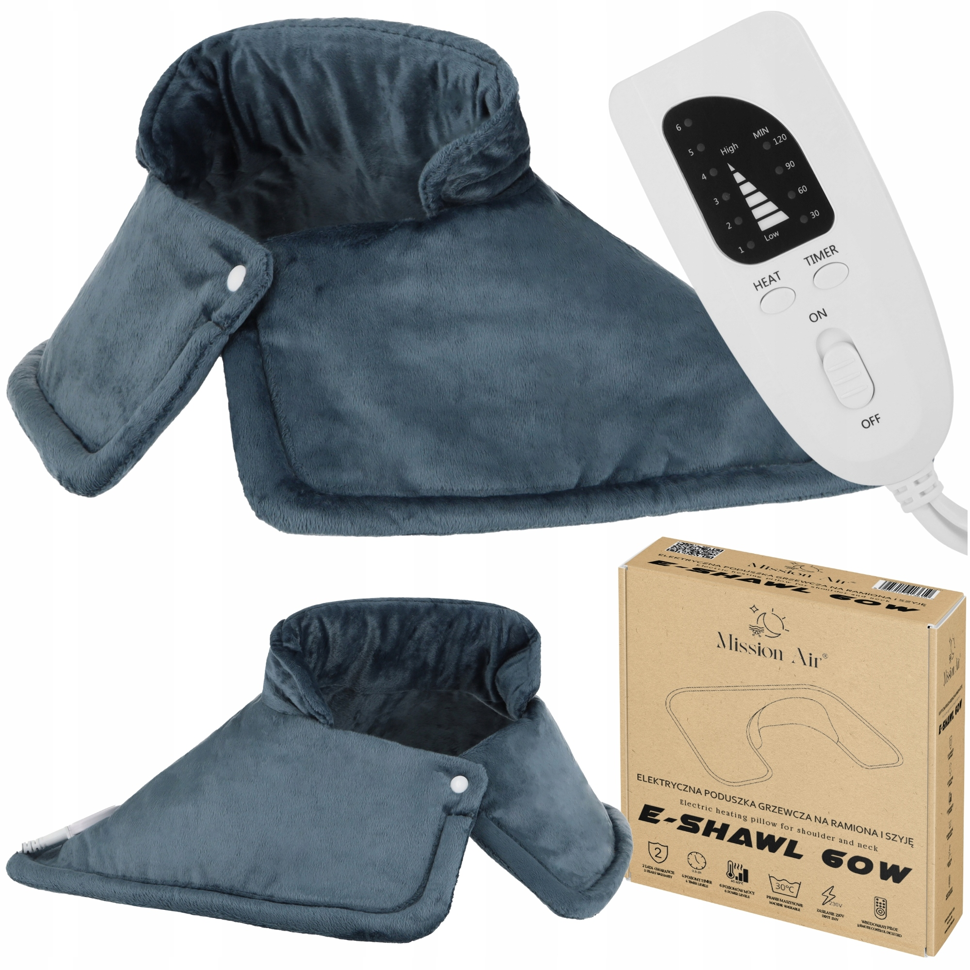 Szara poduszka rozgrzewająca na ramiona i szyję jest wyświetlana z kontrolerem i pudełkiem. Poduszka jest na białym tle.