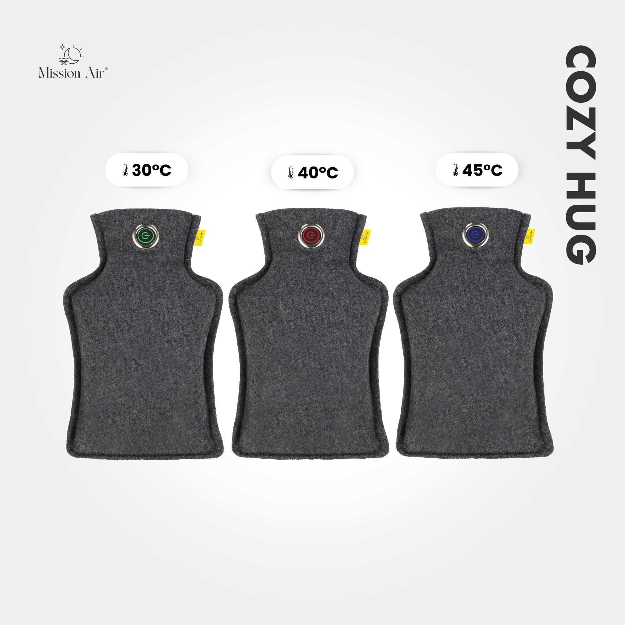 Trzy szare termofory z różnymi ustawieniami temperatury: 30°C, 40°C i 45°C. Tekst 'COZY HUG' znajduje się po prawej stronie.