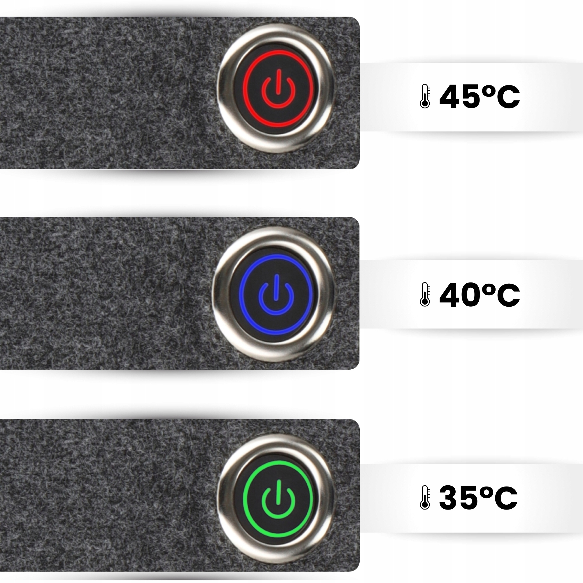 Trzy przyciski ze symbolami zasilania w kolorach czerwonym, niebieskim i zielonym, z temperaturami 45, 40 i 35 stopni Celsjusza.