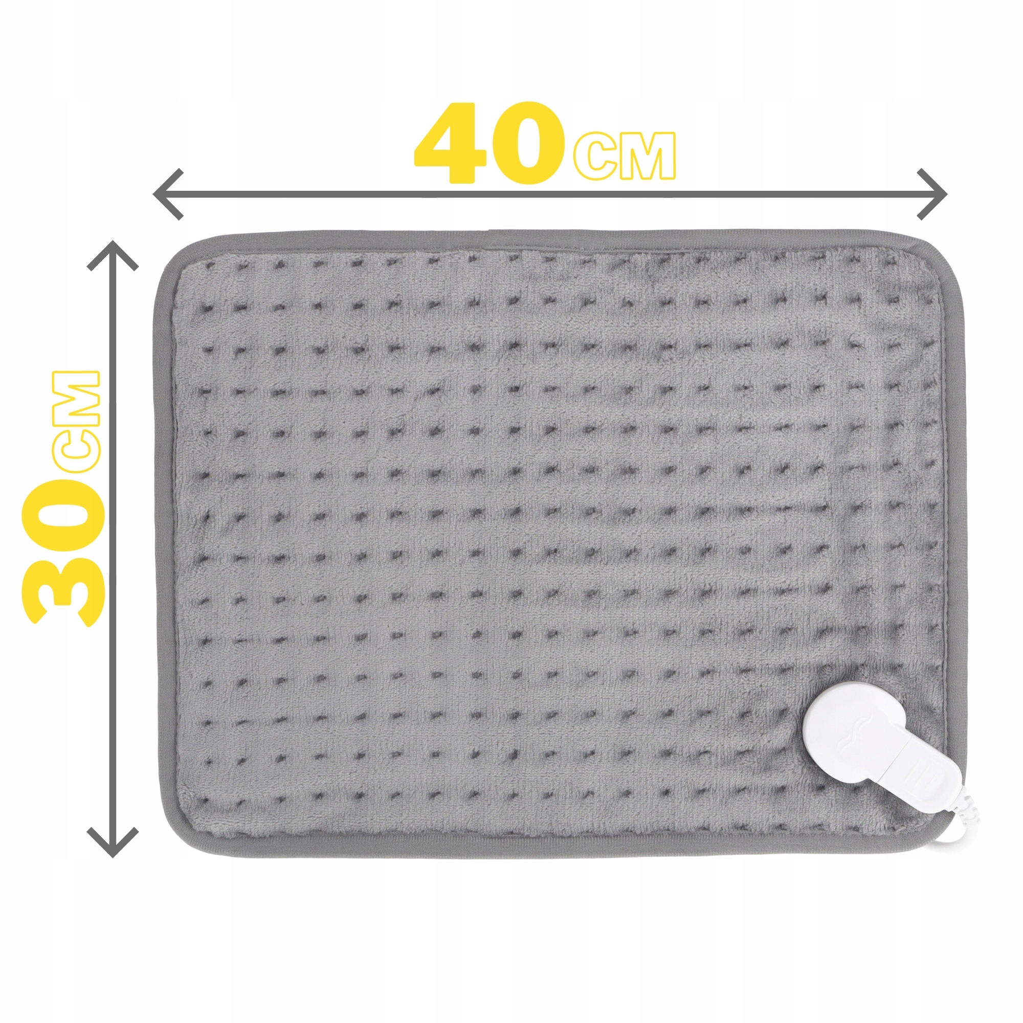 Szara podkładka grzewcza, 40cm x 30cm, z białym kontrolerem i przewodem zasilającym. Wymiary na żółto.