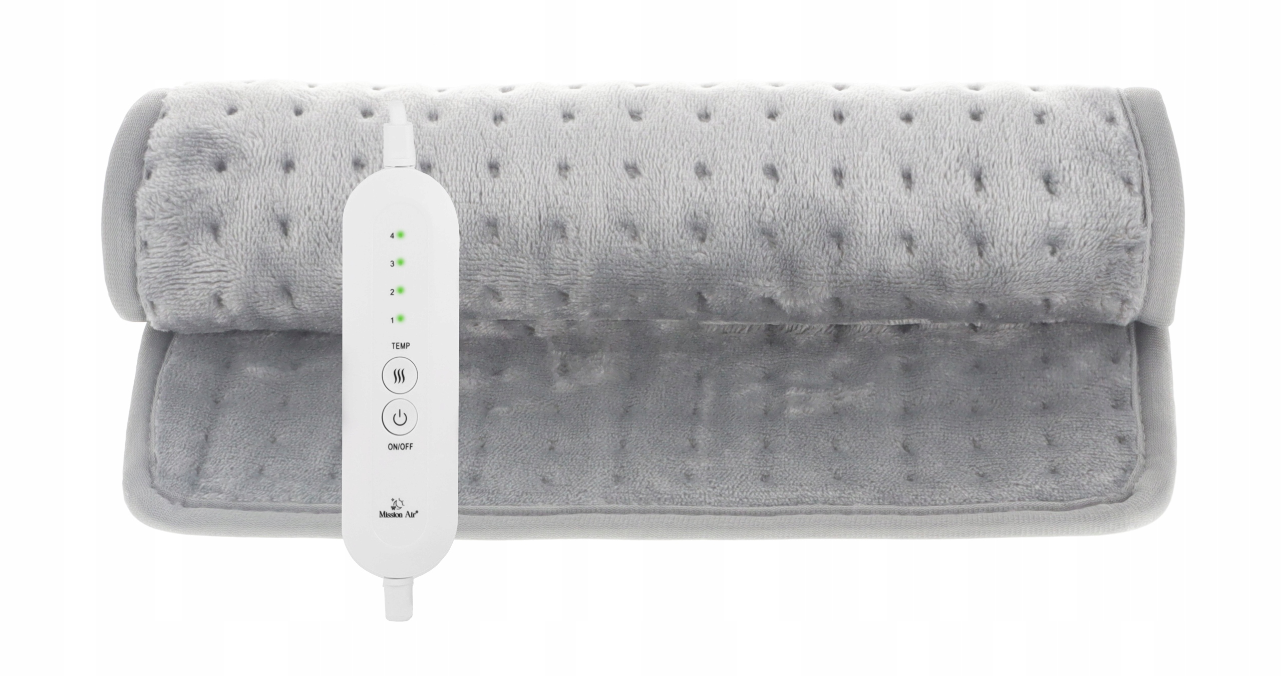 Szara elektryczna poduszka grzewcza z białym sterowaniem. Poduszka jest złożona. Sterowanie ma ustawienia temperatury.