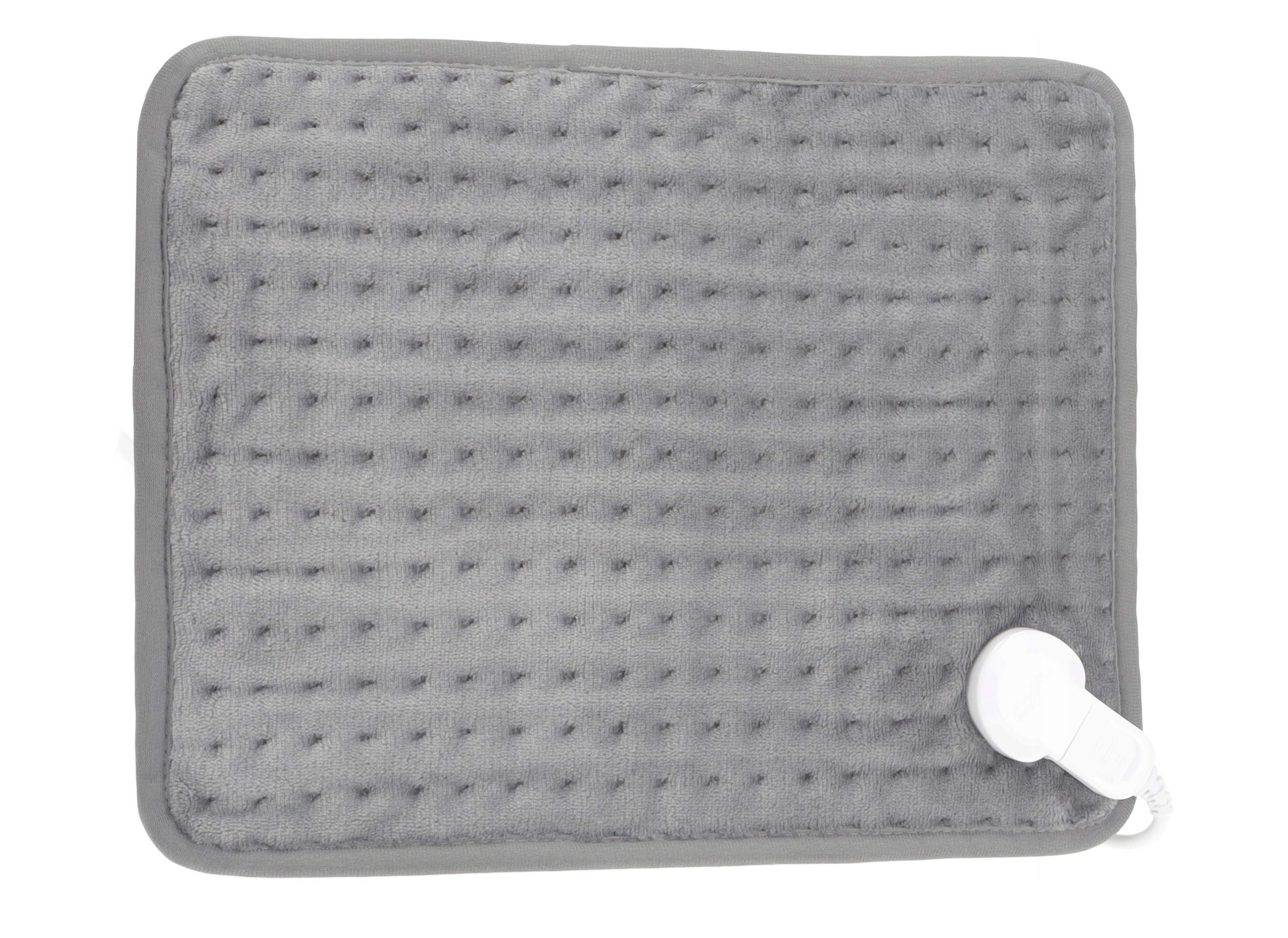 Szara poduszka grzewcza z białym kontrolerem na białym tle. Poduszka ma teksturowaną powierzchnię.