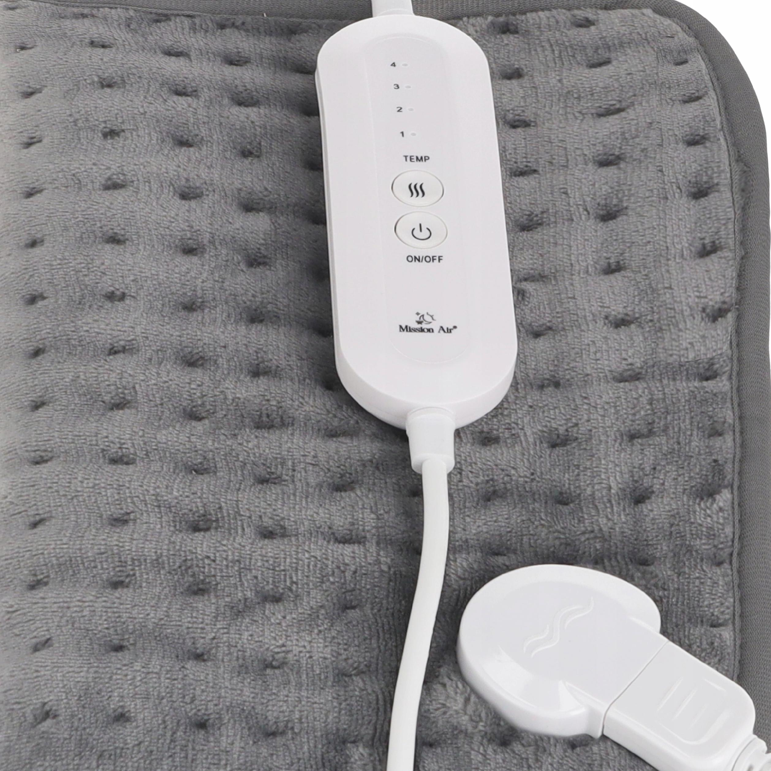 Szara poduszka grzewcza z białym panelem sterowania i wtyczką. Panel posiada ustawienia temperatury i przycisk włączania/wyłączania.