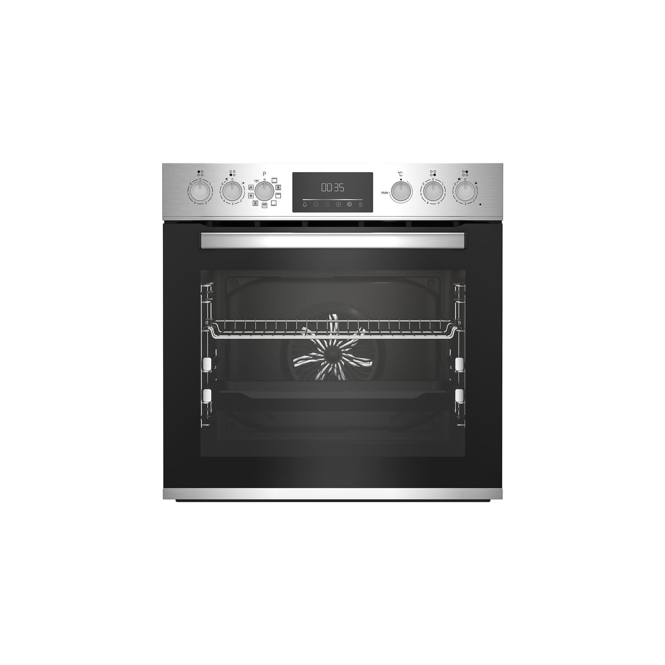 Ein Edelstahl-Backofen mit Glastür. Knöpfe und ein Digitaldisplay befinden sich über der Tür.