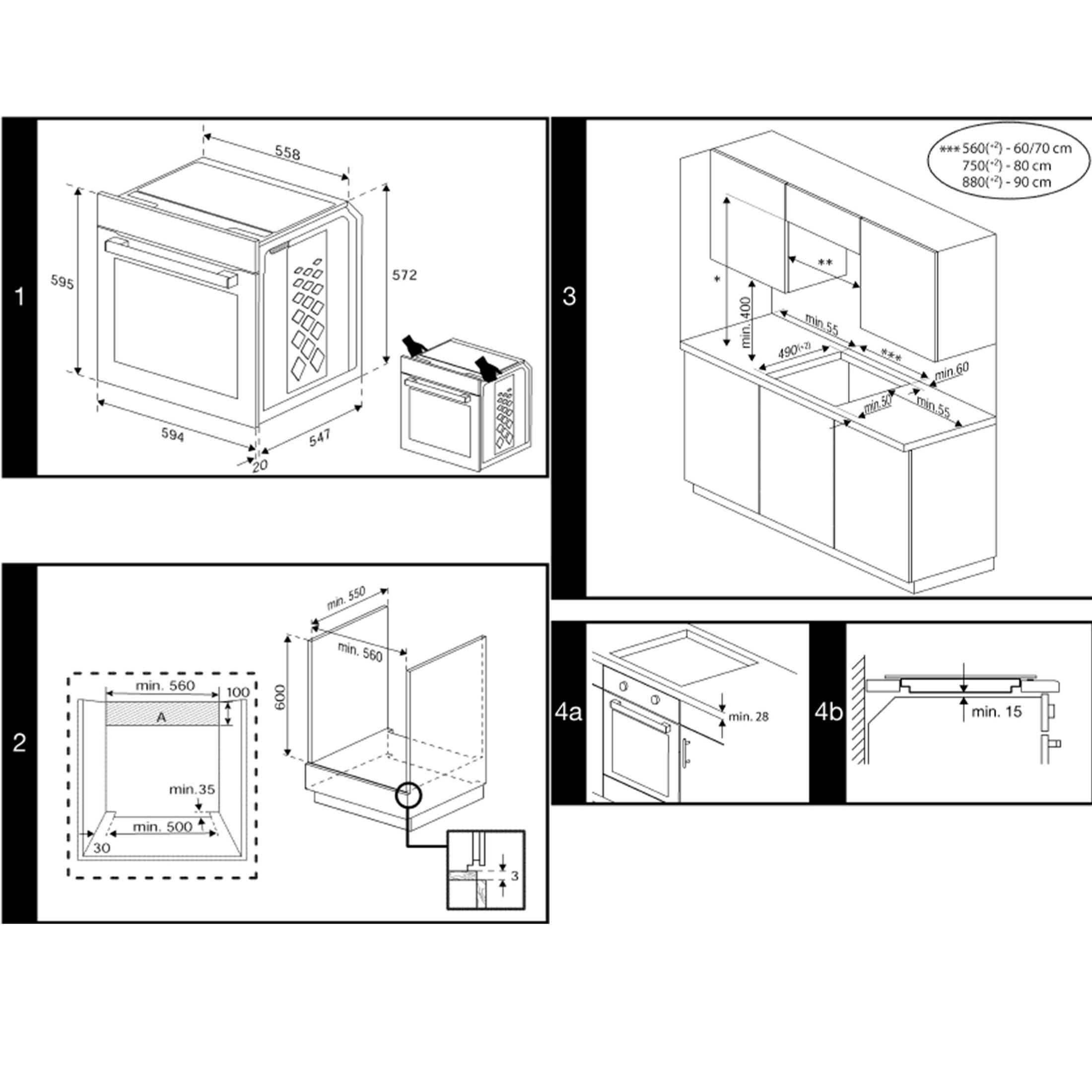 Diagramm zeigt Ofenabmessungen, Ausschnitte für den Schrank und Installationsdetails mit Maßen. Abschnitte 1-4b veranschaulichen Aspekte.
