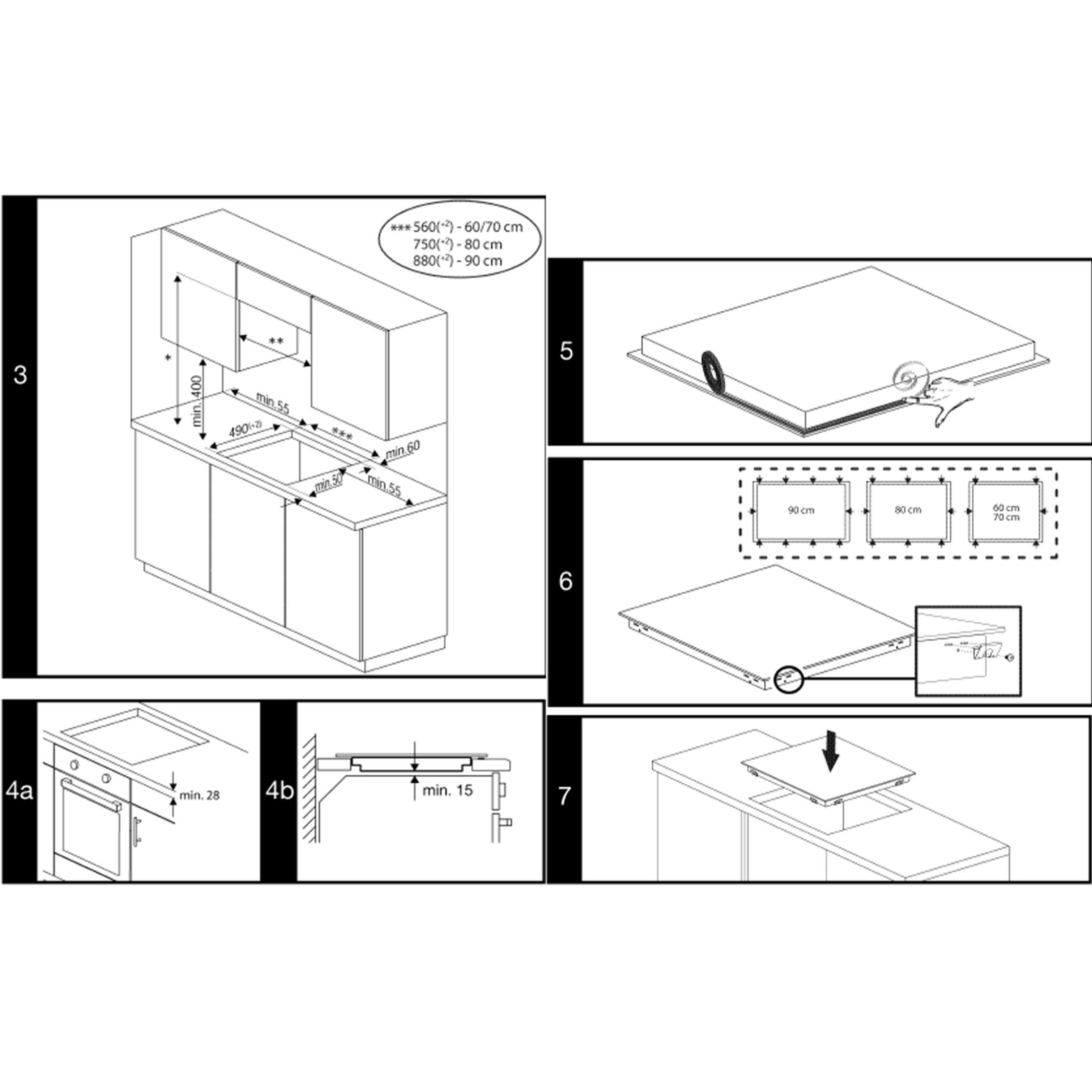 Diagramm zeigt Einbaumaße für Küchengeräte. Enthält Abmessungen für Schränke, Kochfelder und Öfen.