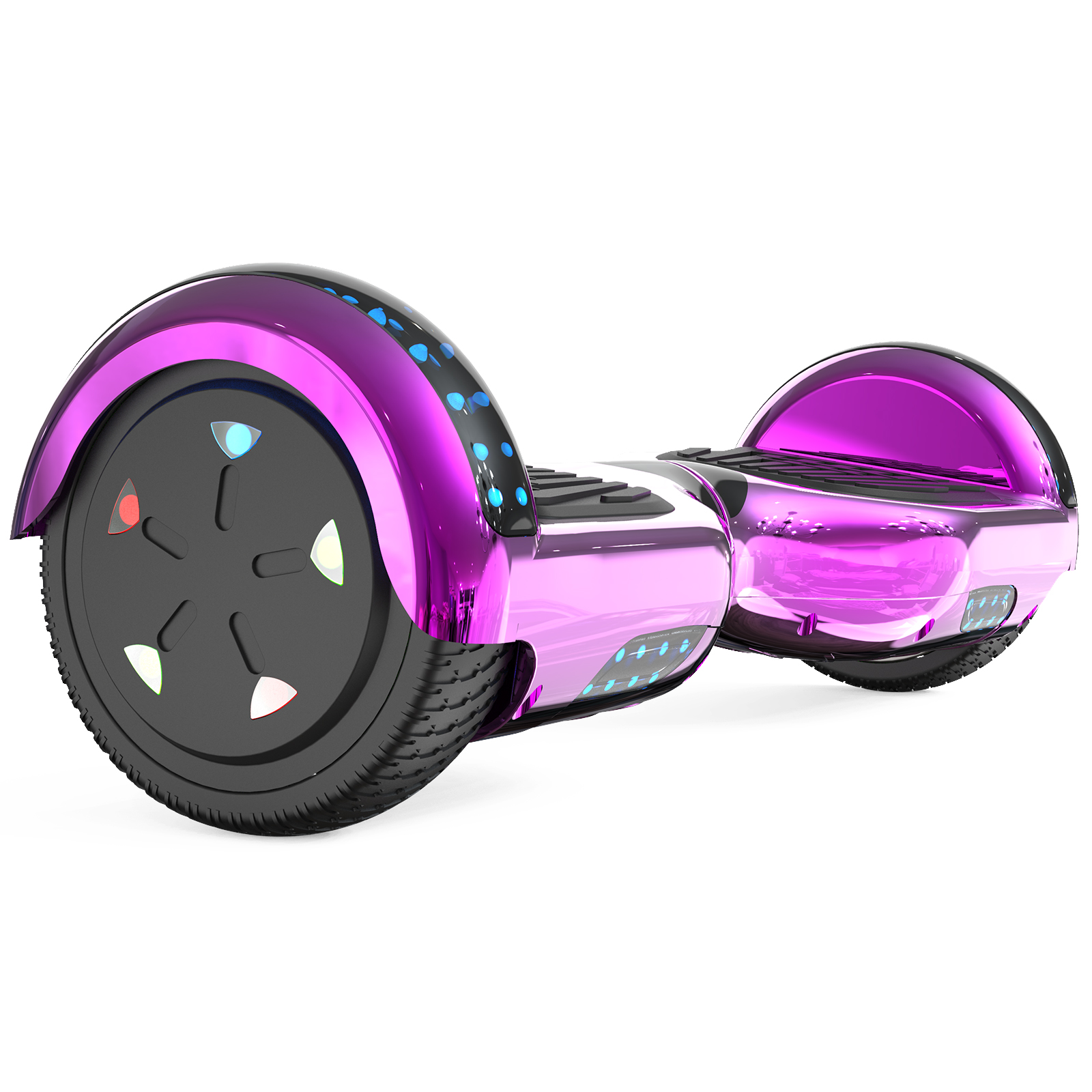 Un hoverboard morado con ruedas negras, acabado brillante y luces LED. Está ligeramente inclinado hacia un lado sobre fondo blanco.