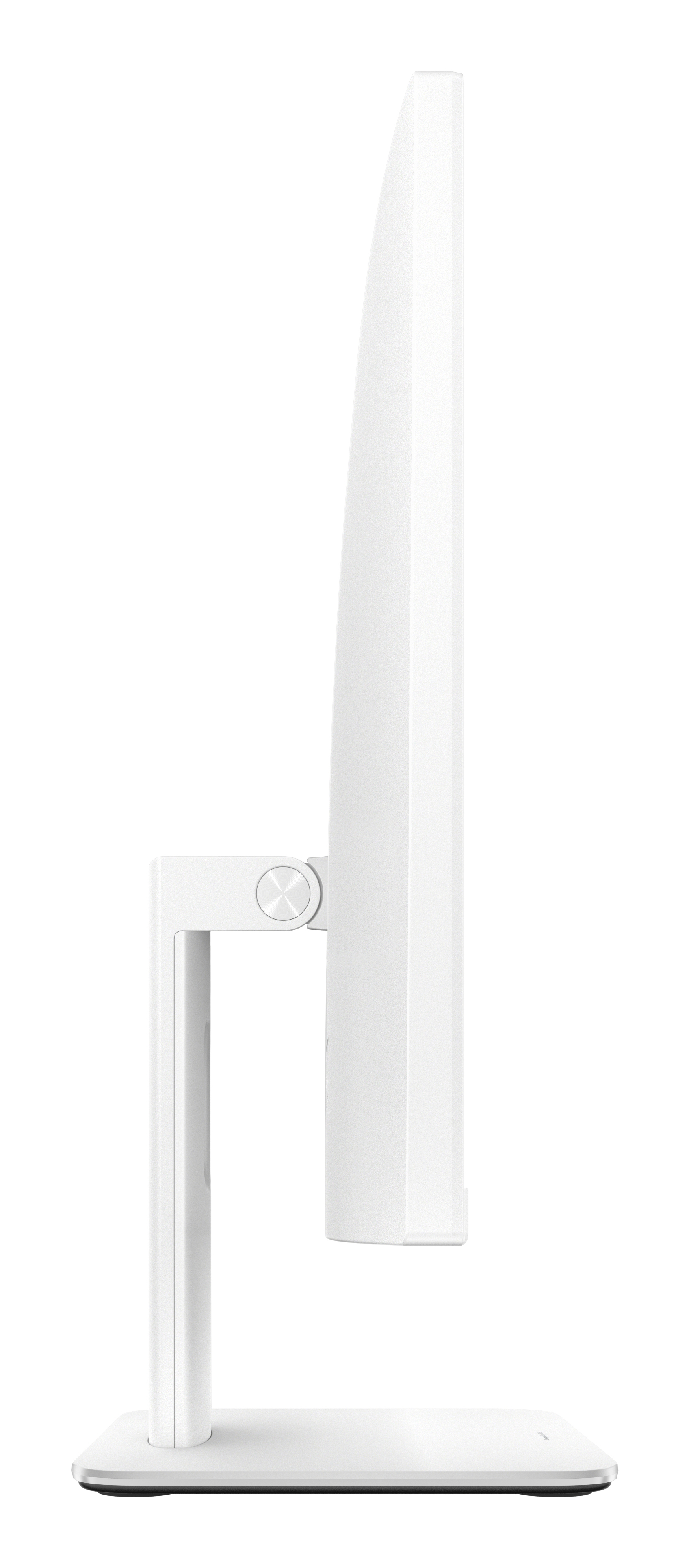 Biały monitor komputera jest pokazany z boku. Ma podstawę, ramię i ekran, wszystko białe.