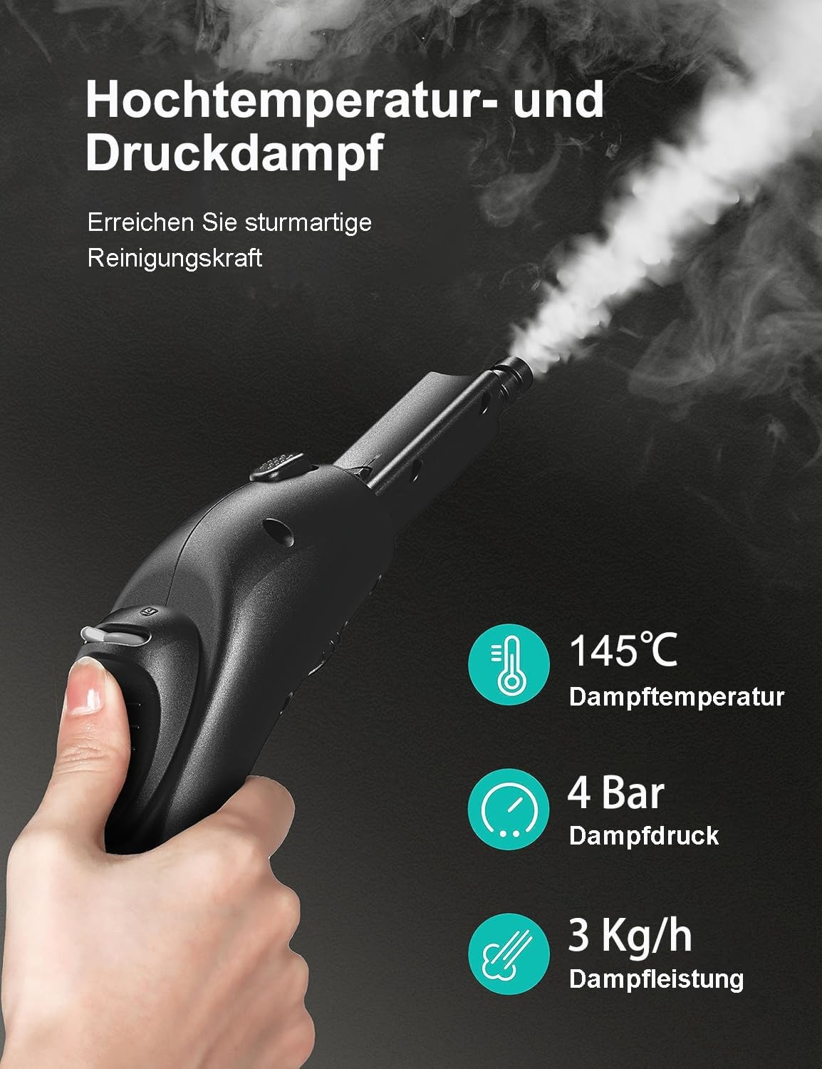 Eine Hand hält einen schwarzen Dampfreiniger und lässt Dampf ab. Text zeigt 145°C, 4 Bar und 3 Kg/h für Temperatur, Druck und Leistung.