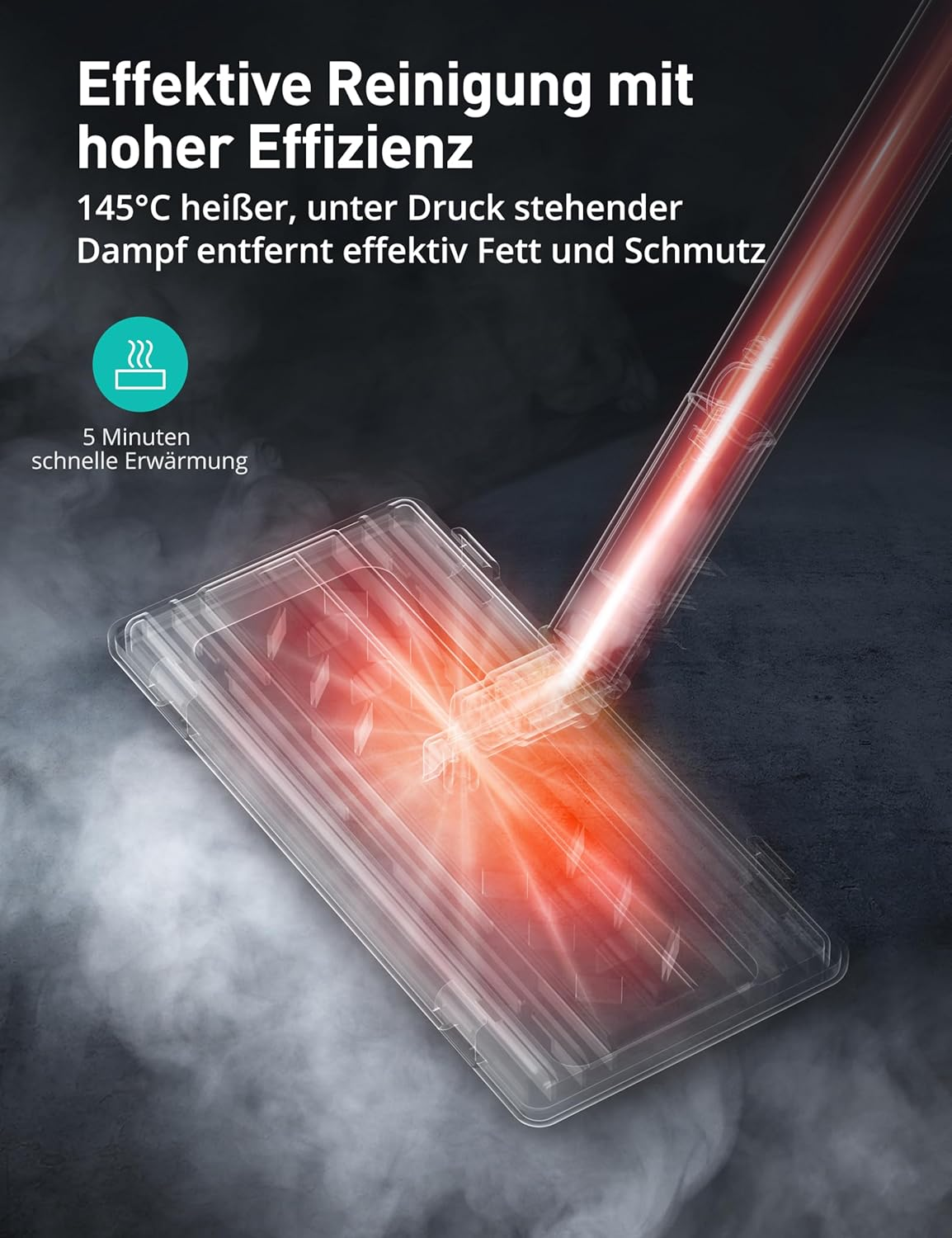 Ein Dampfreiniger mit transparentem Kopf, der rotes Licht aussendet. Text hebt die effiziente Reinigung mit Dampf hervor.