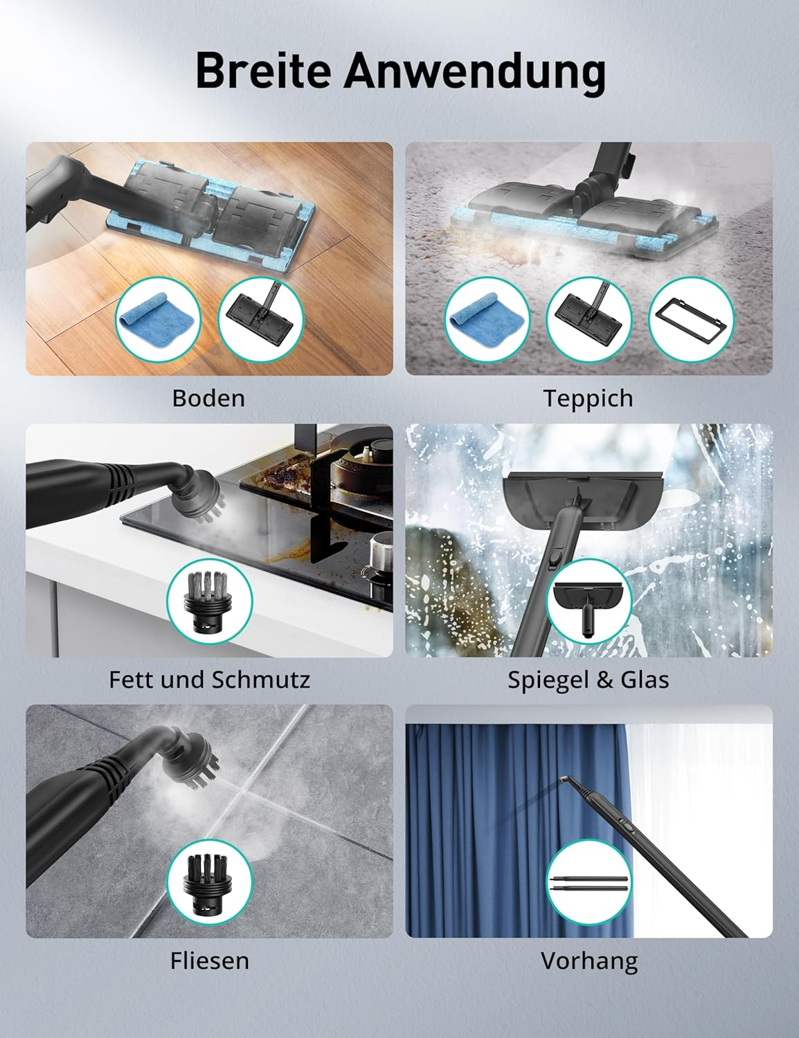 Das Bild zeigt verschiedene Reinigungsanwendungen mit einem Dampfreiniger: Boden, Teppich, Fett, Glas, Fliesen und Vorhänge.