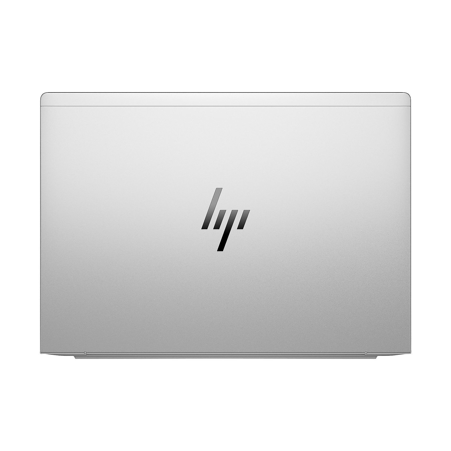 Coperchio di laptop argentato con logo HP. Il coperchio è chiuso, mostrando una superficie metallica liscia. Il logo è al centro.