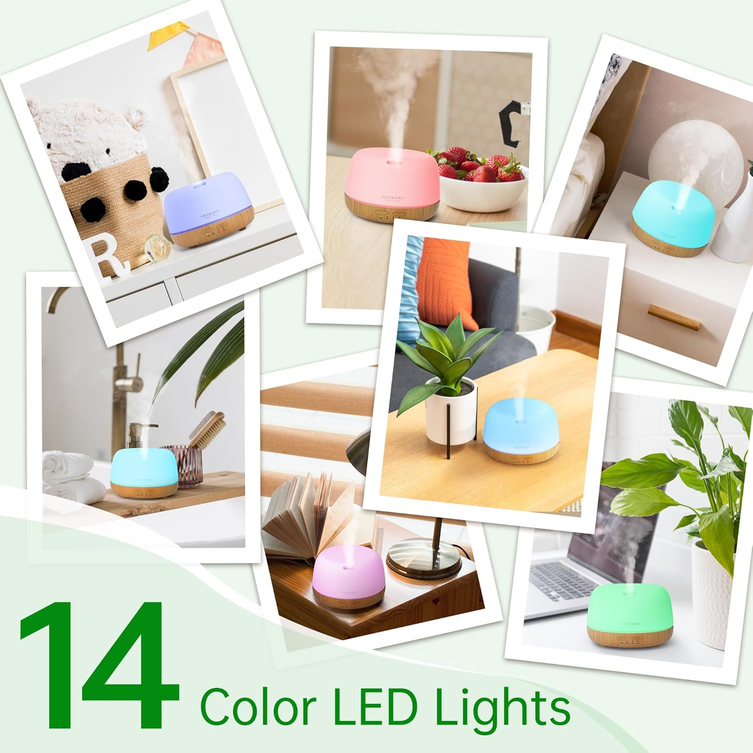 Eine Collage zeigt 8 Bilder von Diffusoren mit verschiedenfarbigen Lichtern. Der Text lautet: 14 Color LED Lights. Die Diffusoren sind ausgestellt.