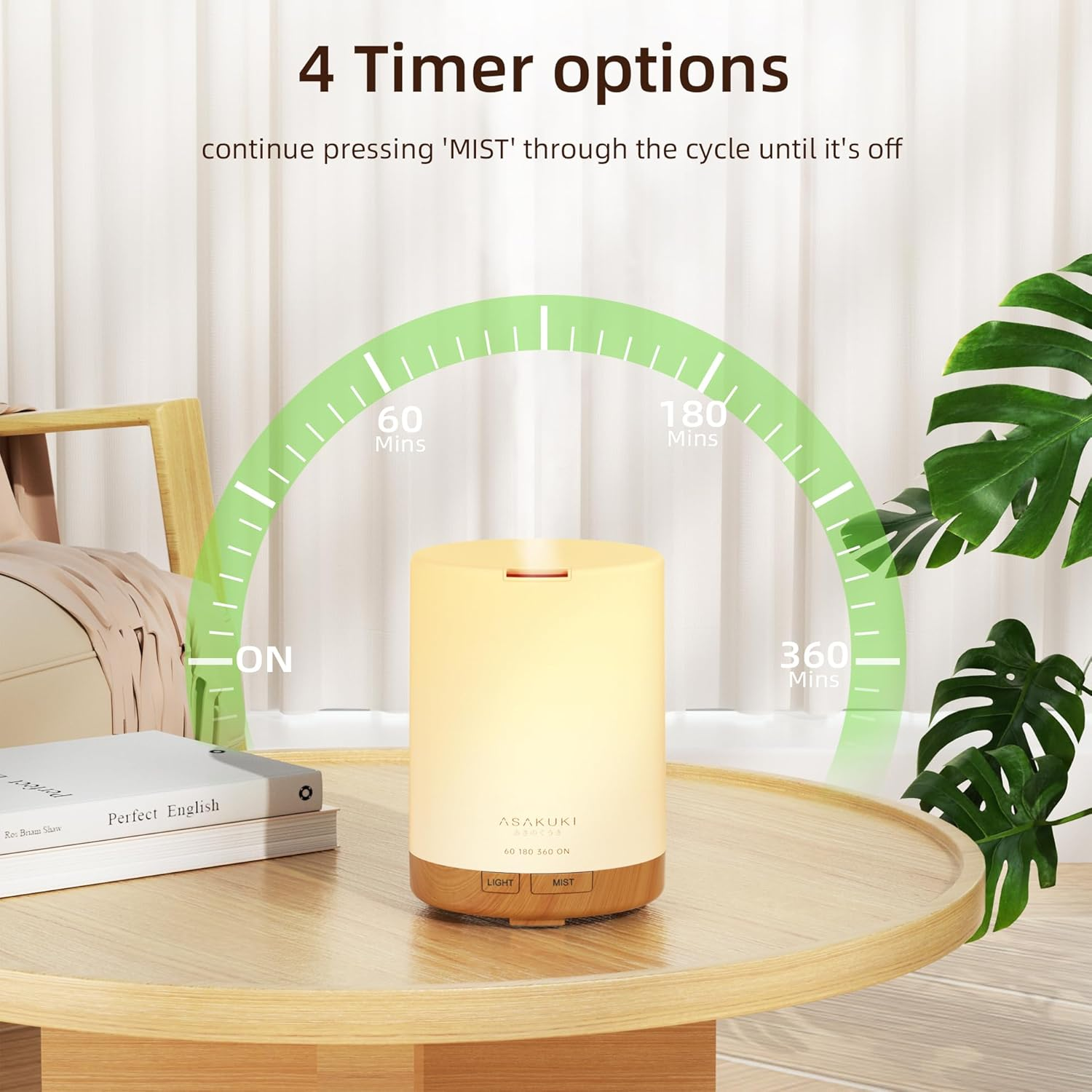 Ein beleuchteter Luftdiffusor mit Timer-Optionen auf einem Holztisch. Ein Buch und eine Pflanze sind ebenfalls vorhanden. Text: 4 Timer-Optionen.