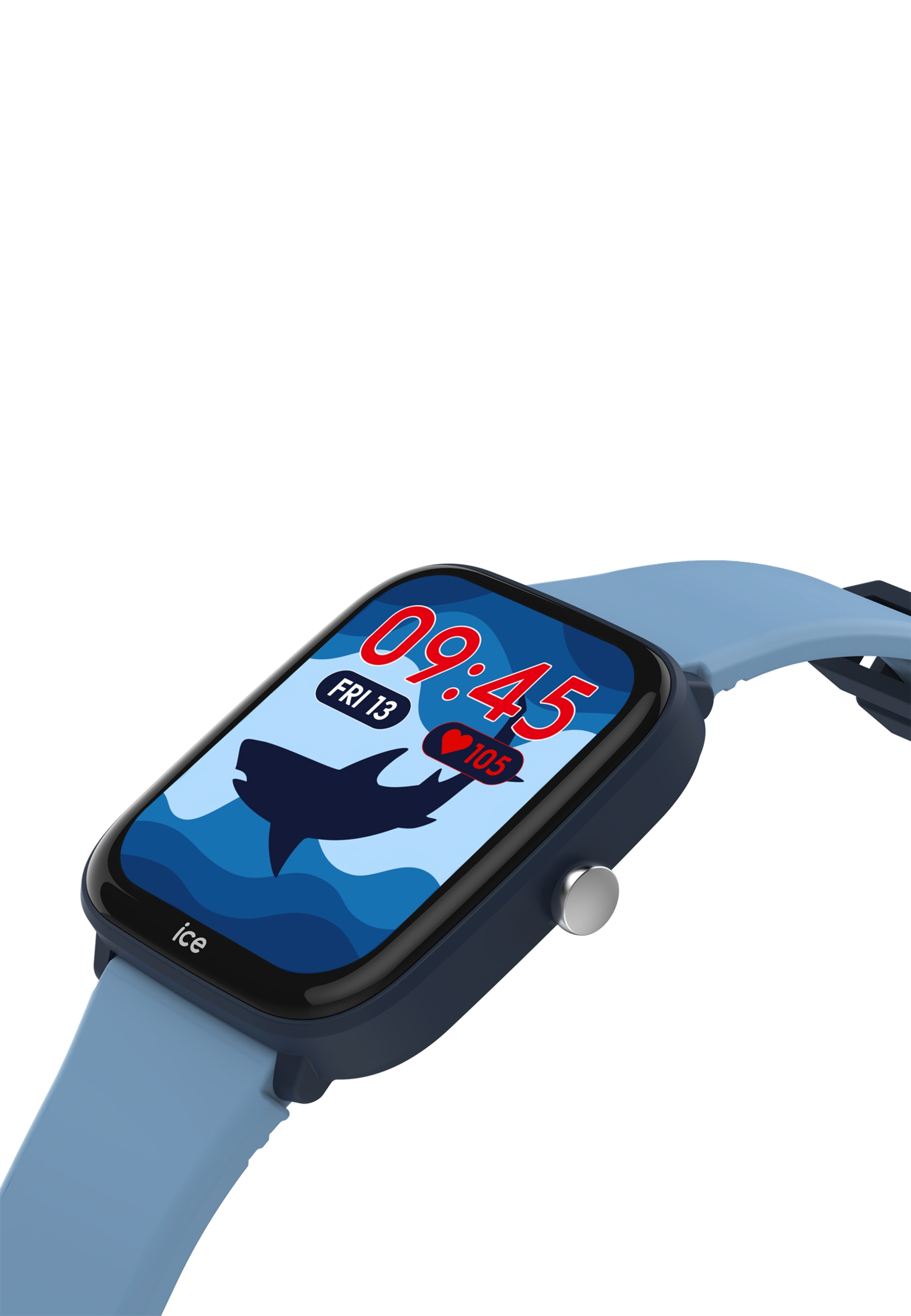 Eine blaue Smartwatch zeigt 09:45 Uhr, Freitag, 13. und einen Hai. Sie hat ein blaues Armband und einen silbernen Knopf.