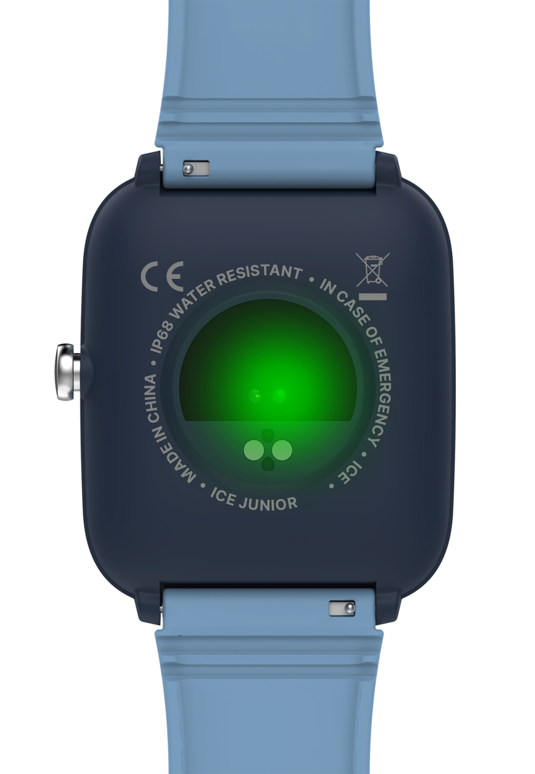 Nahaufnahme der Rückseite einer Smartwatch. Sie ist marineblau mit hellblauem Armband. Der Text lautet 'CE', 'ICE JUNIOR' und 'IP68 Water Resistant'.