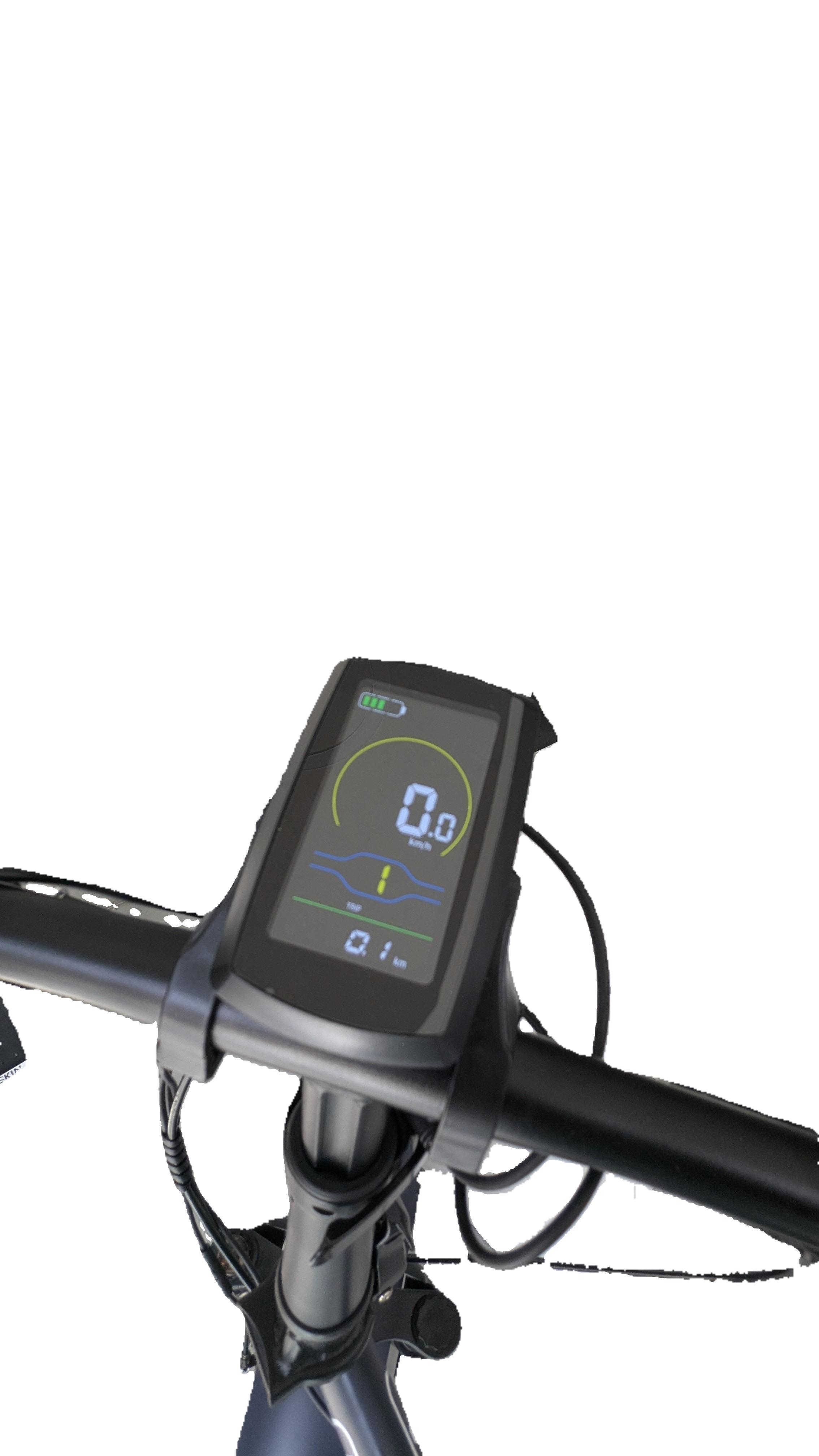 Primo piano del manubrio di una e-bike con display digitale che mostra velocità e livello batteria. Colori nero e grigio.